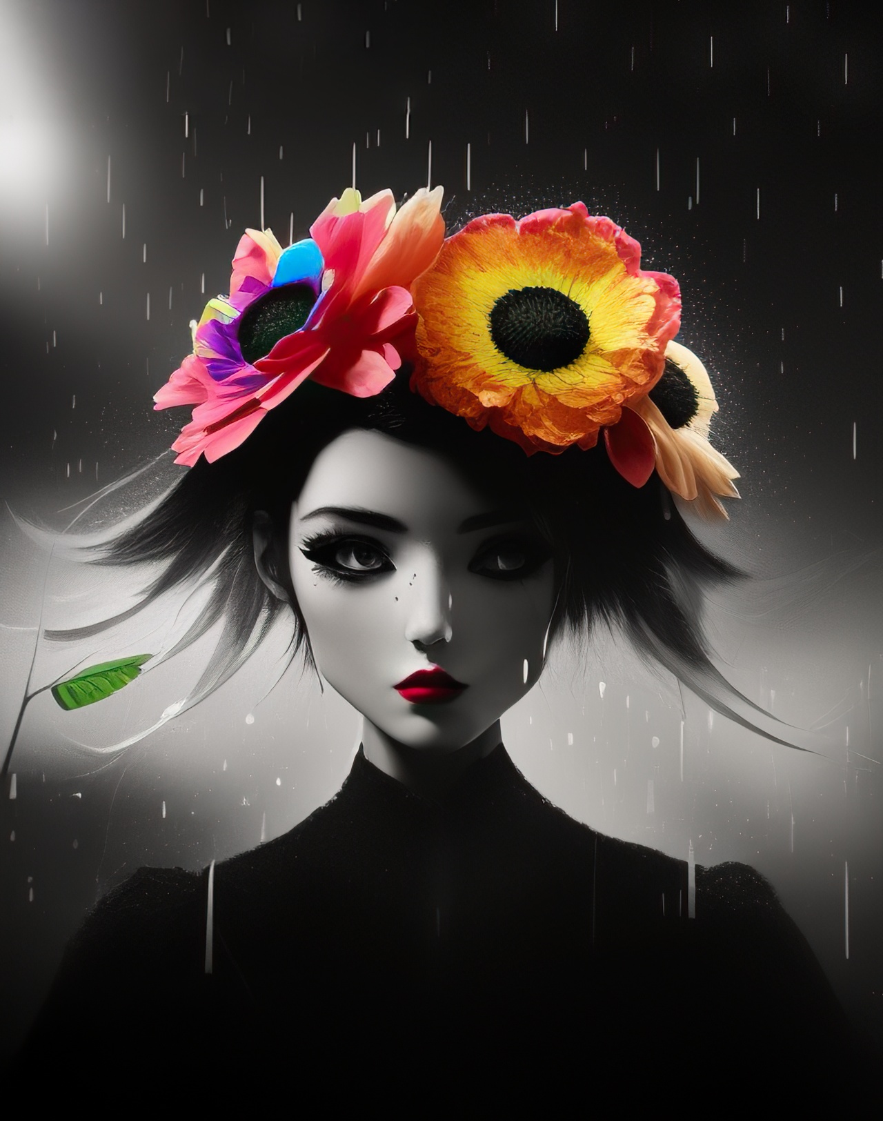A girl with a flower crown standing in the rain, dark background, AI generative