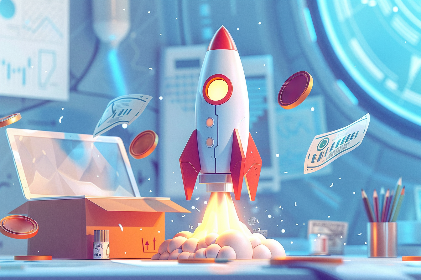 A rocket is launching from the desk, with coins and dollar bills flying around it