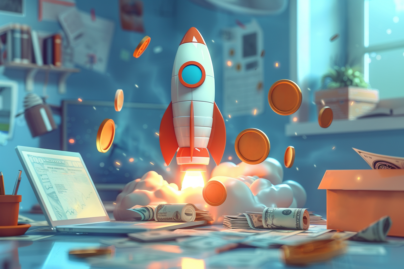 A rocket is launching from the desk, with coins and dollar bills flying around it