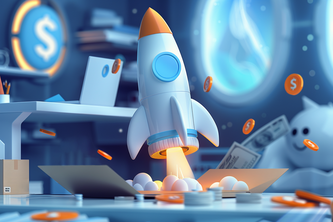 A rocket is launching from the desk, with coins and dollar bills flying around it