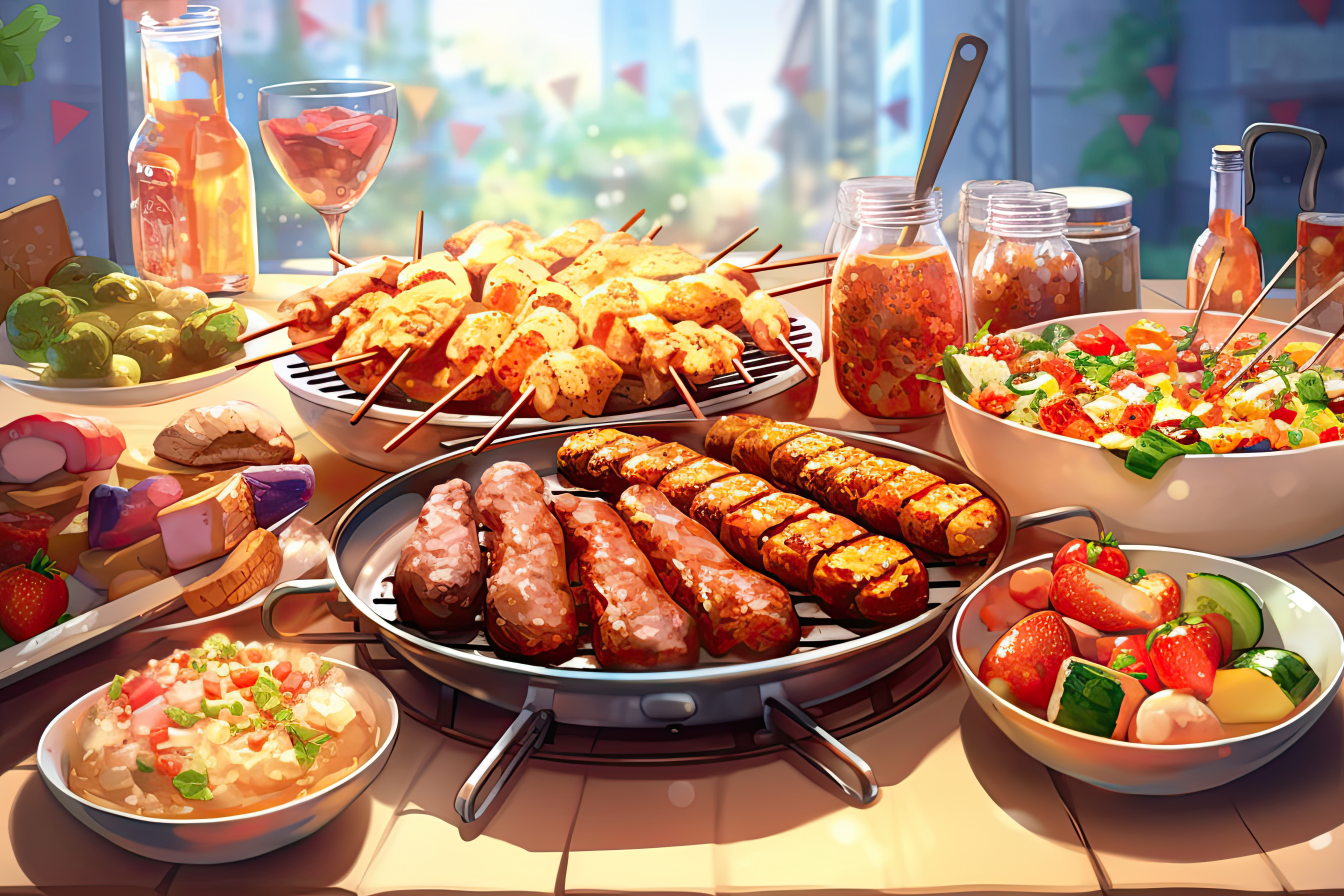 Assorted delicious grilled meat with vegetables over the coals on barbecue