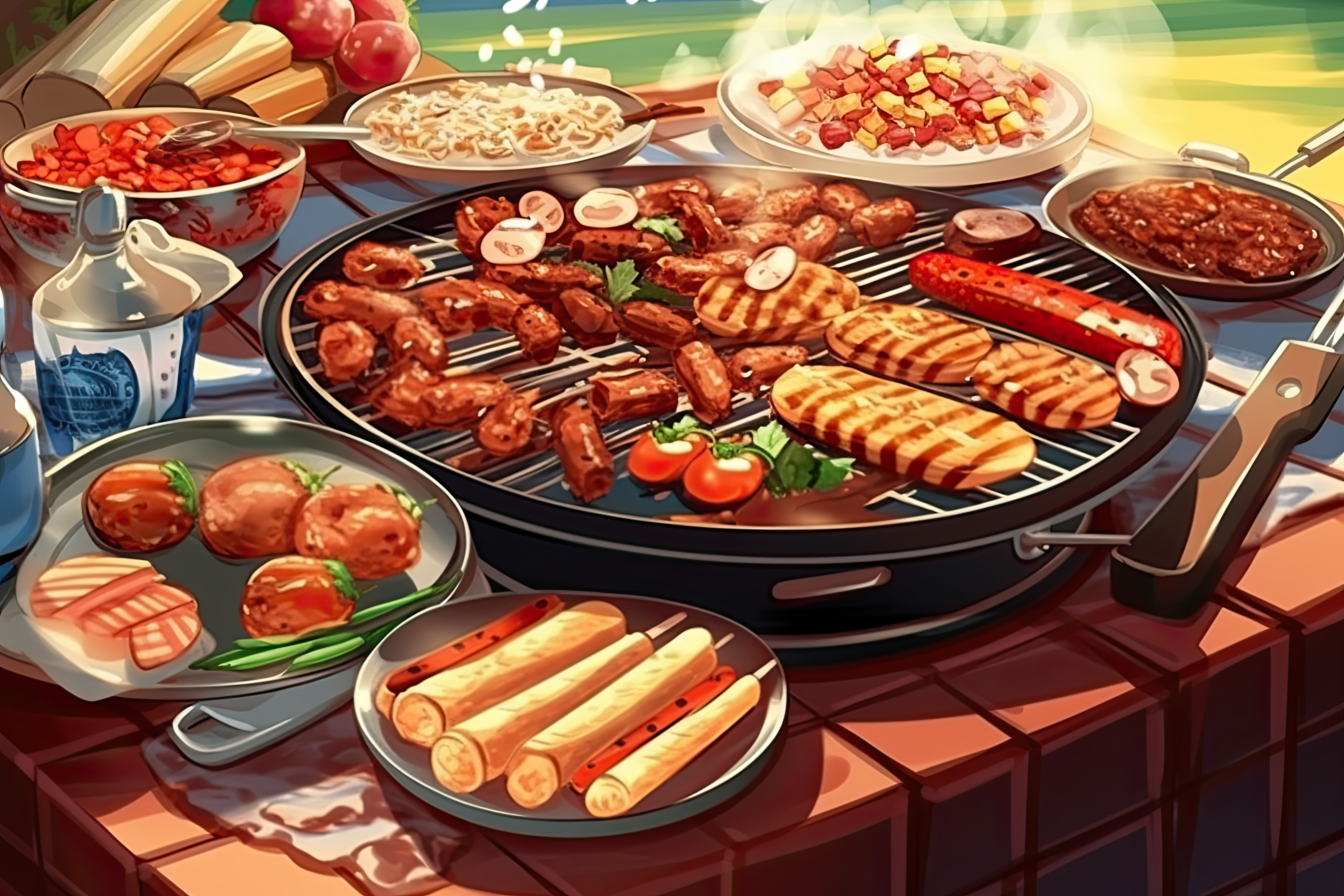 Assorted delicious grilled meat with vegetables over the coals on barbecue