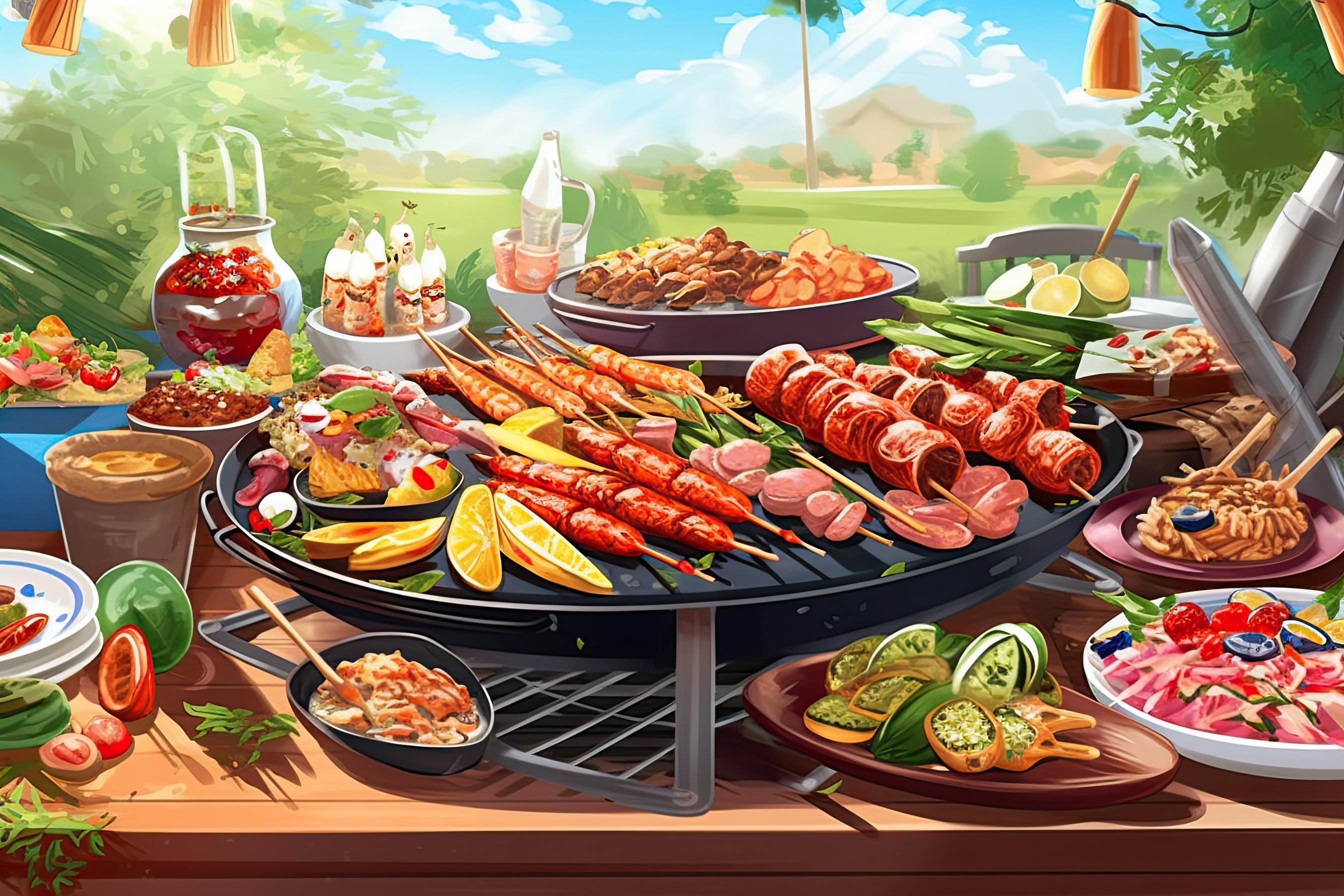 Assorted delicious grilled meat with vegetables over the coals on barbecue