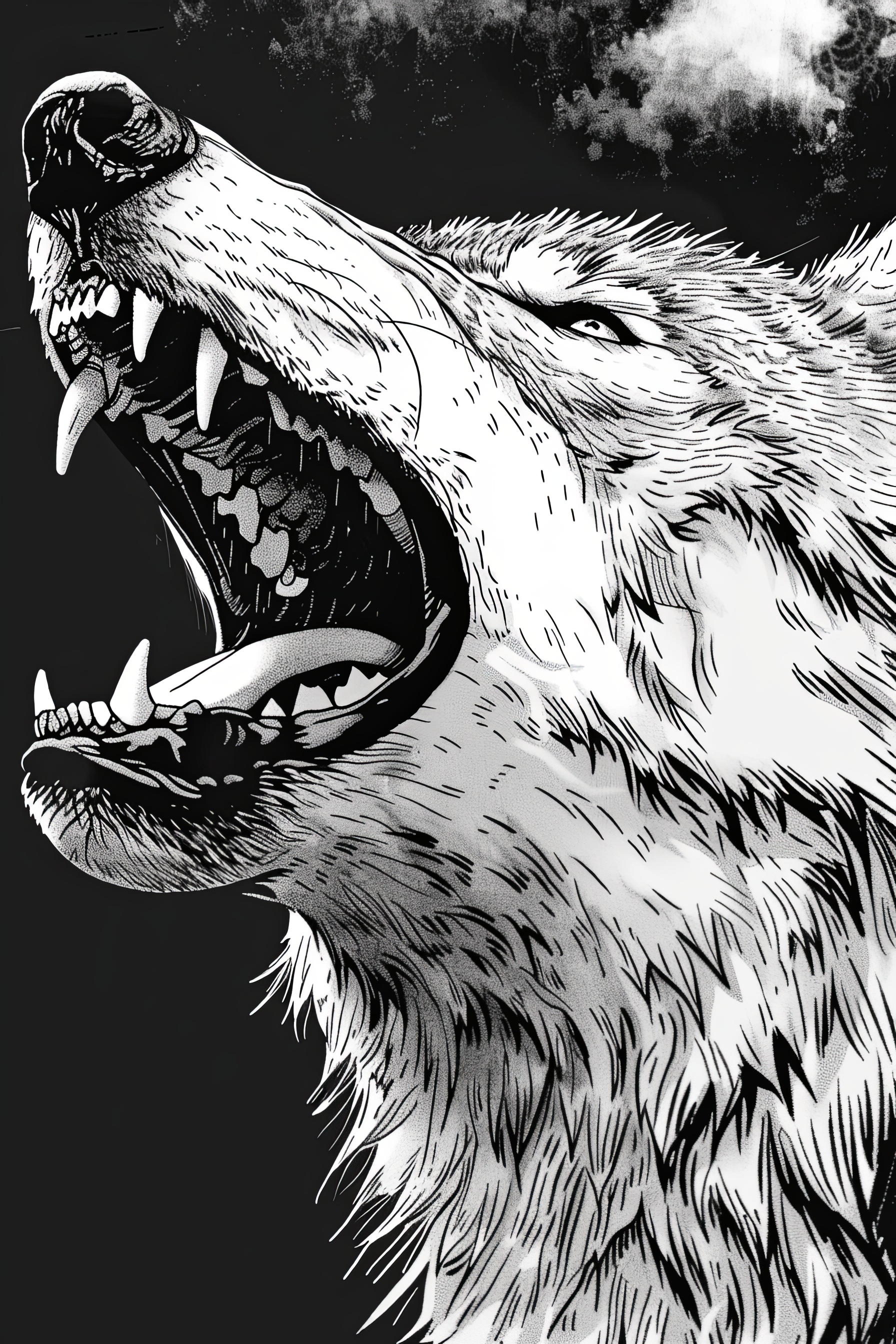 Close up of a wolf's howling in black and white
