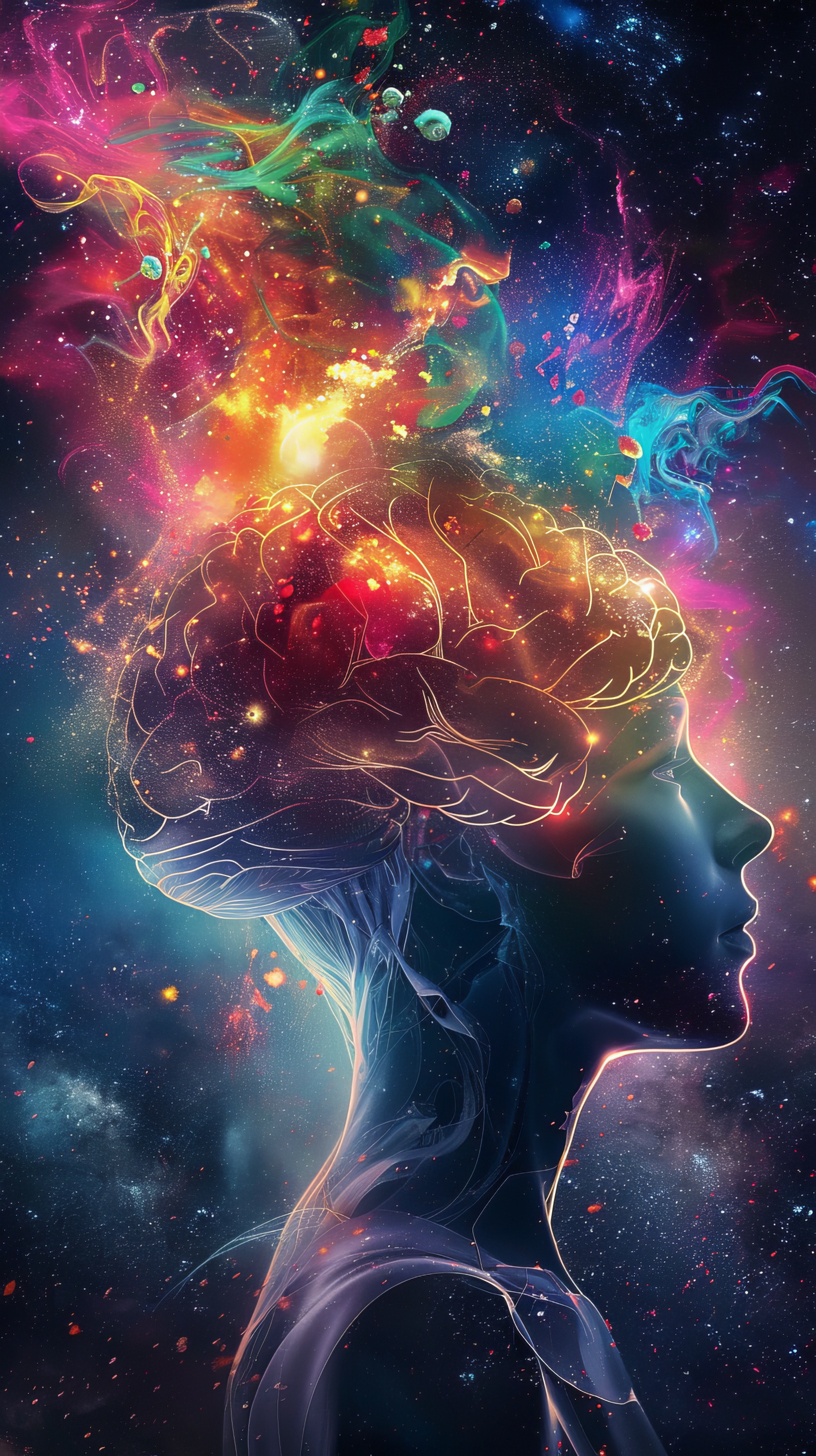 Cosmic Mind Abstract Portrait of a Woman Contemplating the Universe