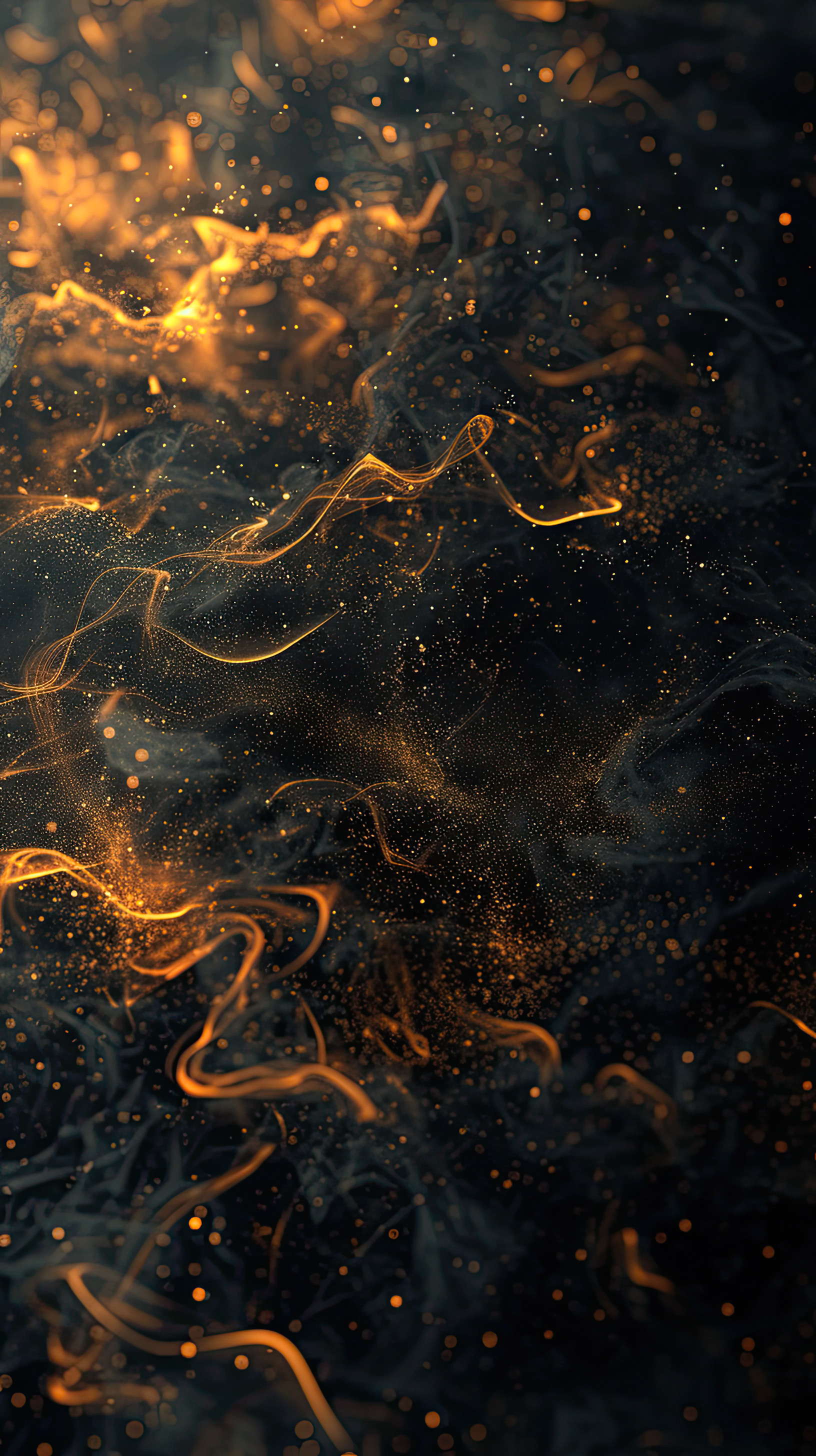 Golden particles are in air with depth of field and bokeh, Abstract background with particles in dark background