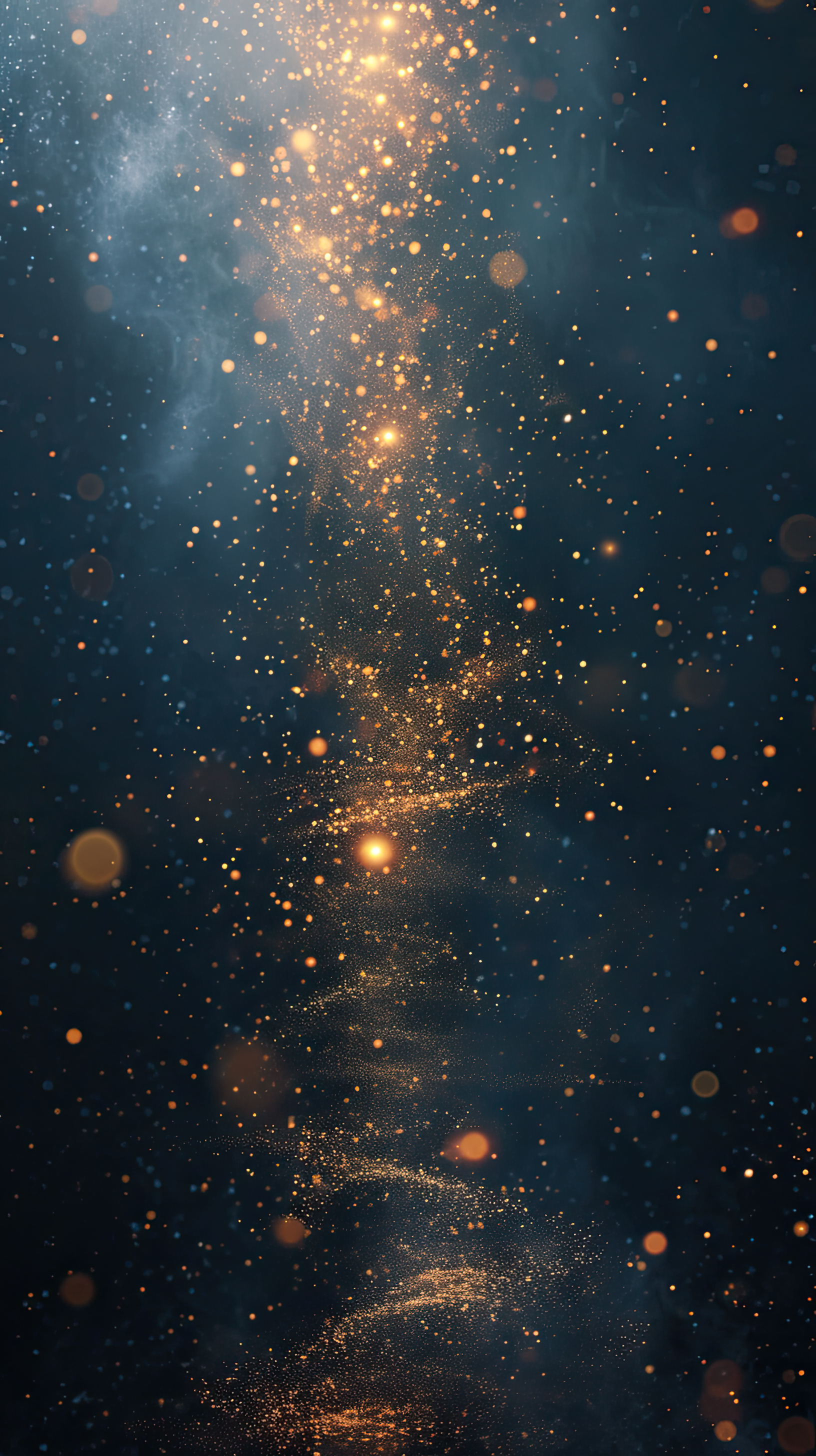 Golden particles are in air with depth of field and bokeh, Abstract background with particles in dark background