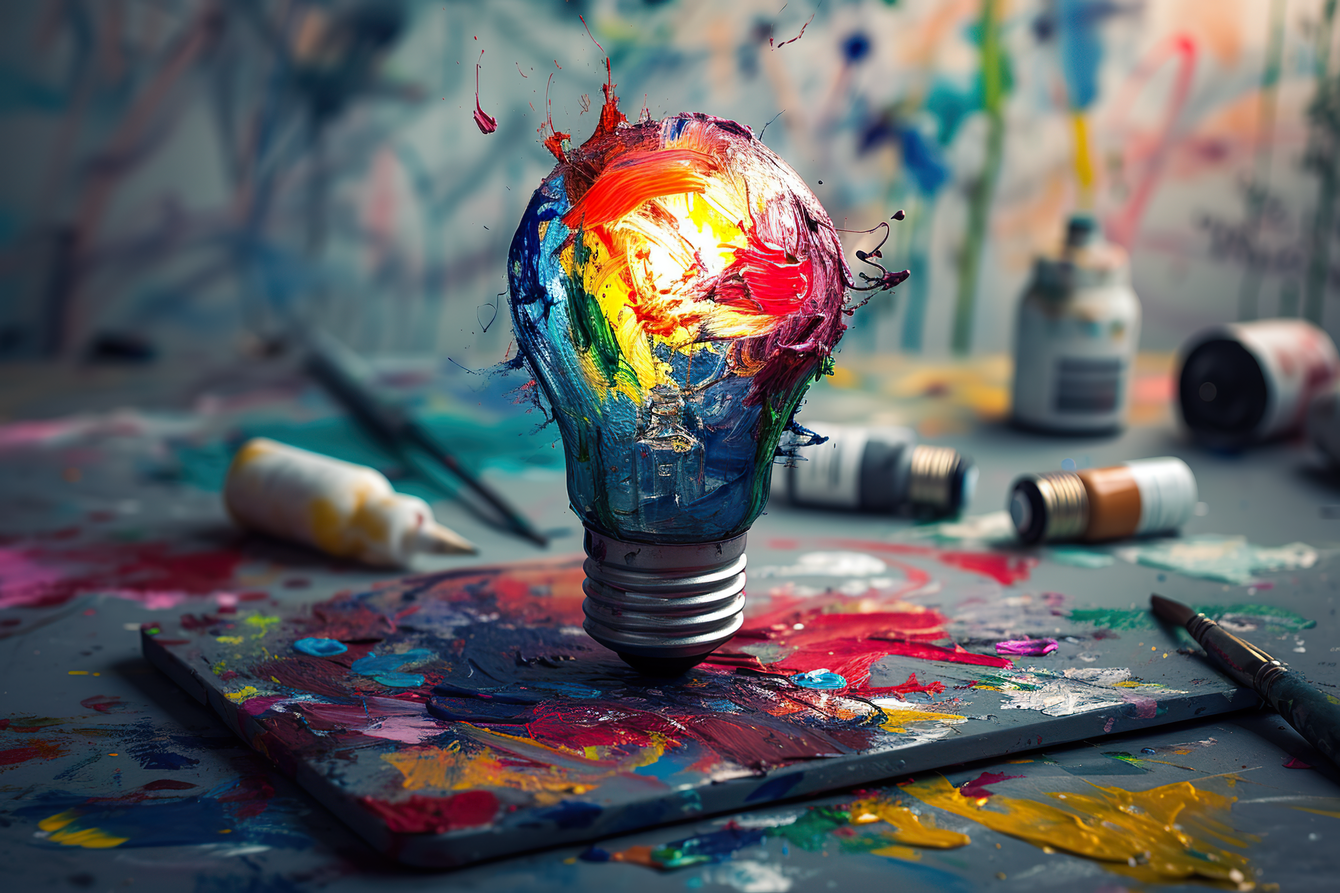 Light bulb with colorful paint and splashes