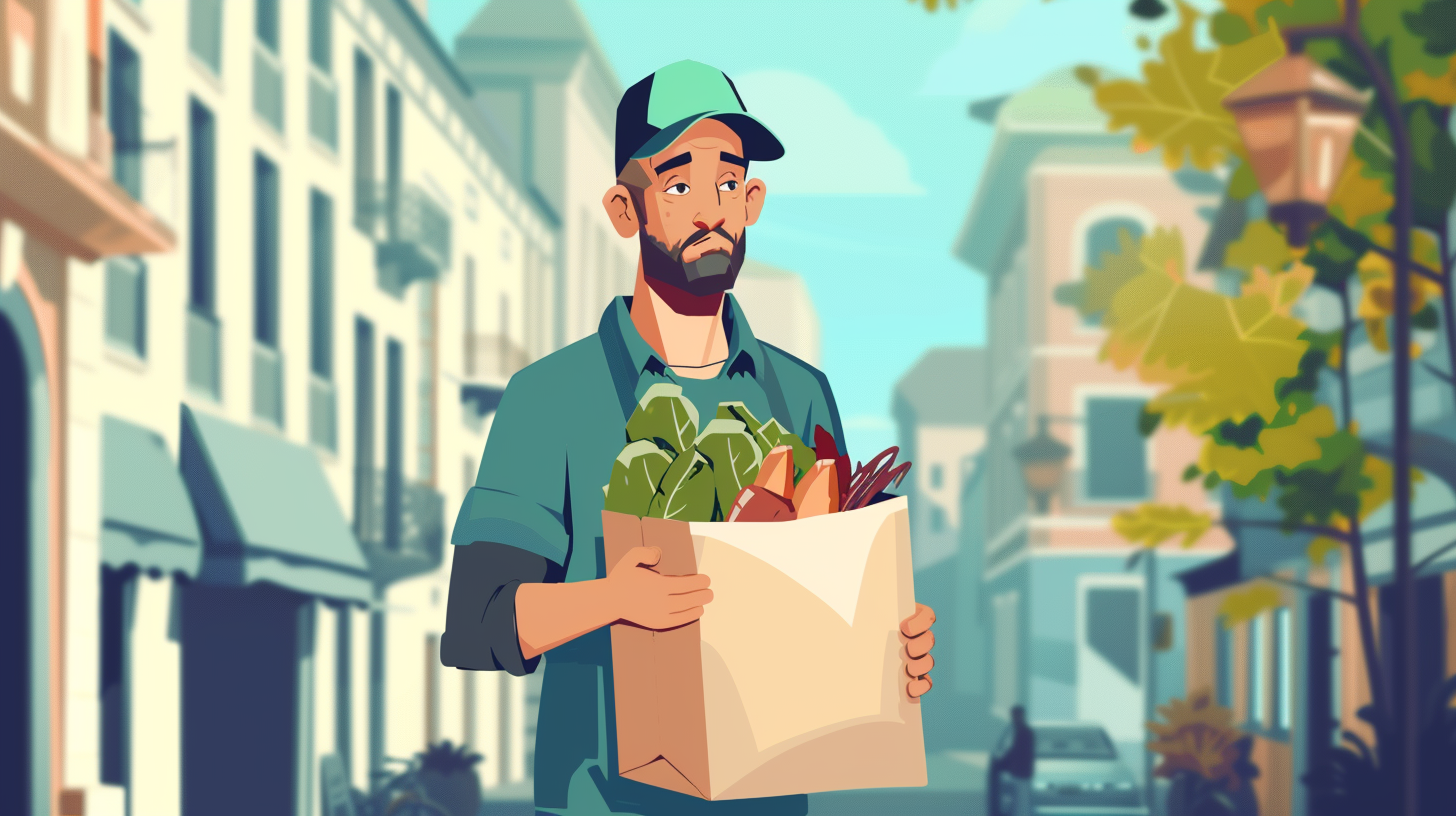 Man courier delivered the order bag with food