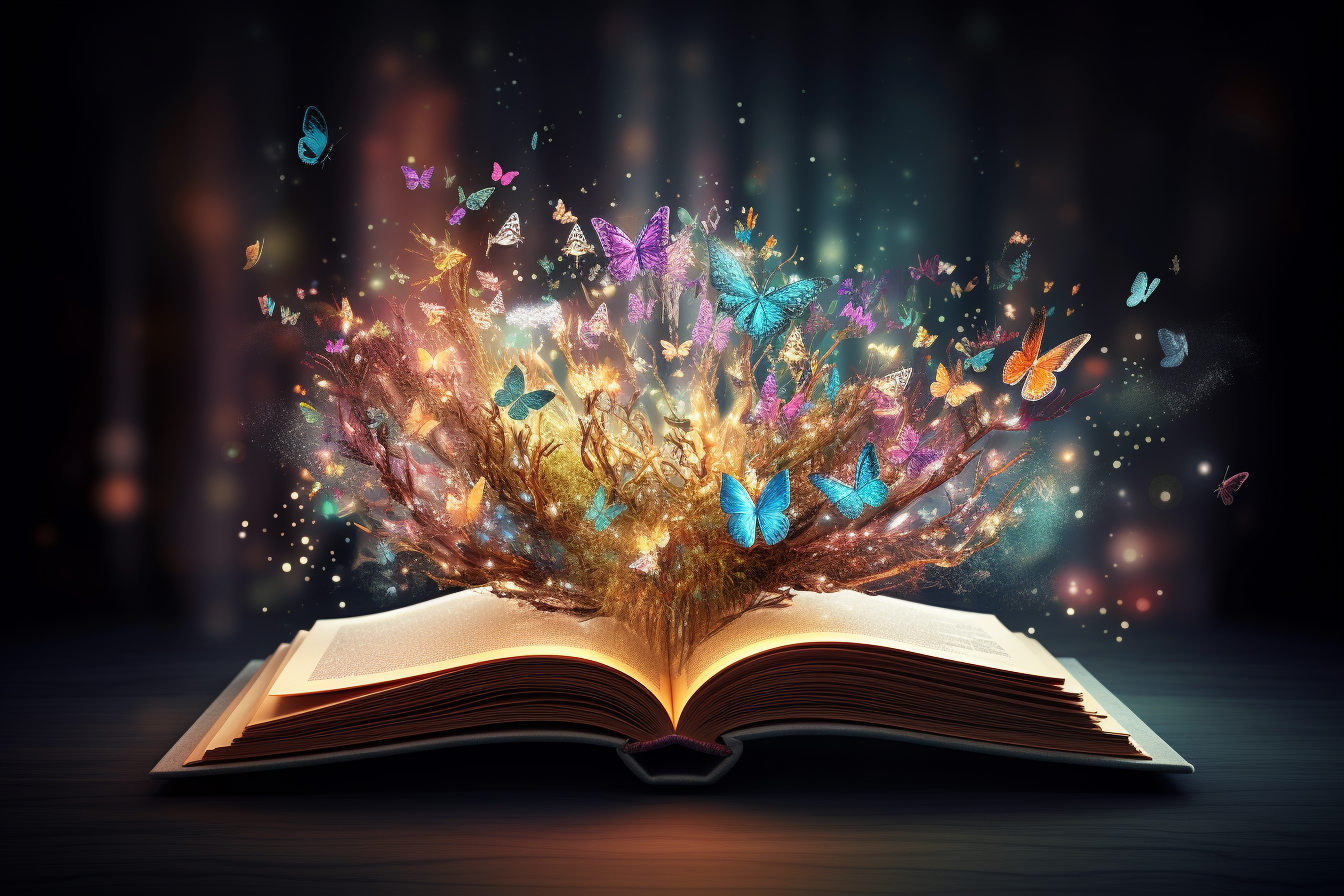 Open book with fairytales and magical world on wooden table