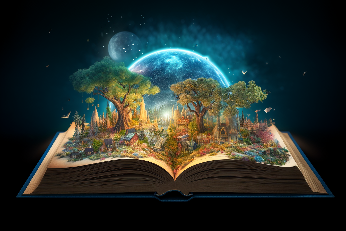 Open book with fairytales and magical world on wooden table