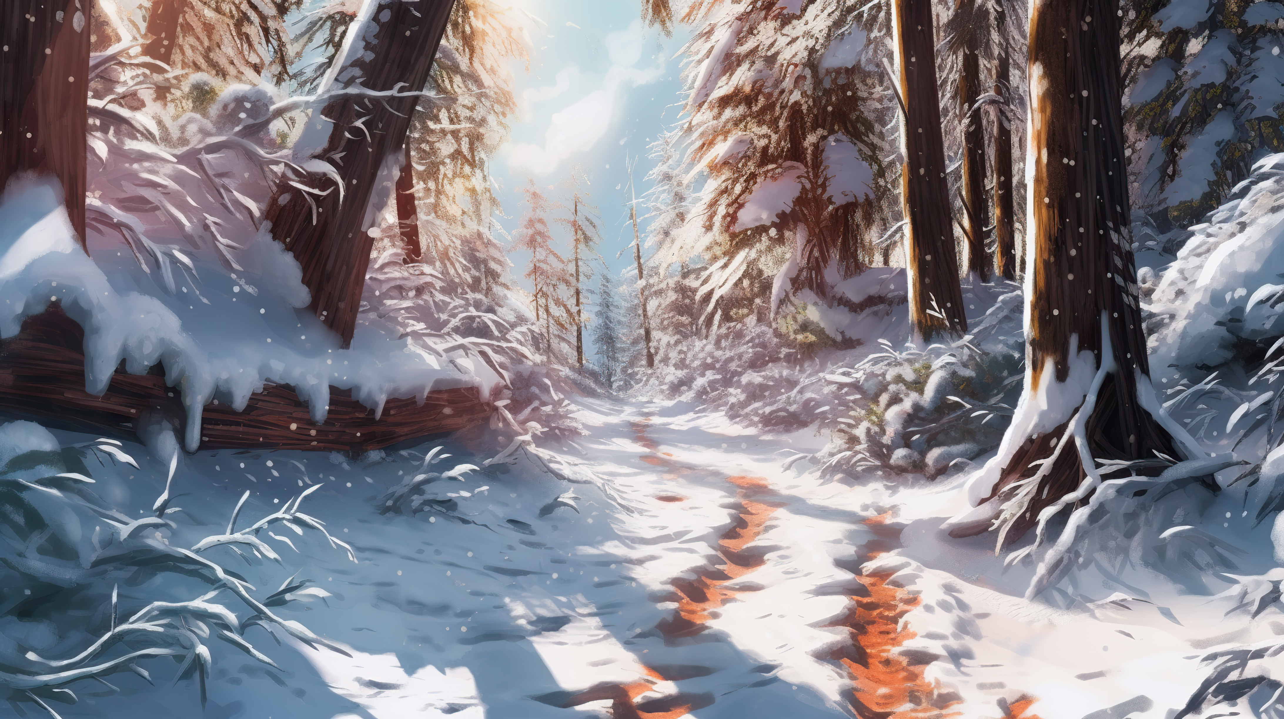 sunny path through a snowy forest