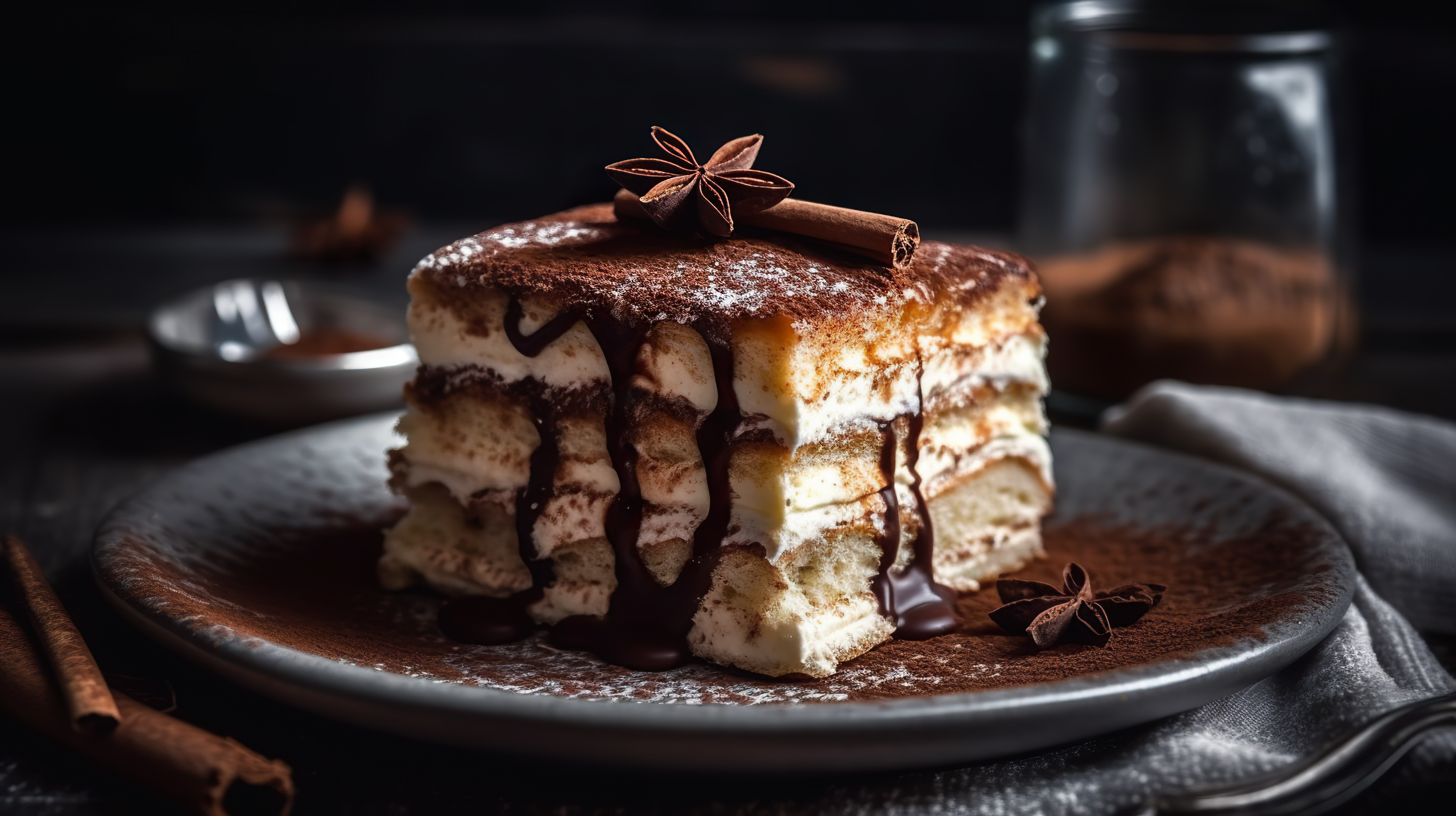 A closeup shot of a layered tiramisu cake with creamy mascarpone and dusted cocoa