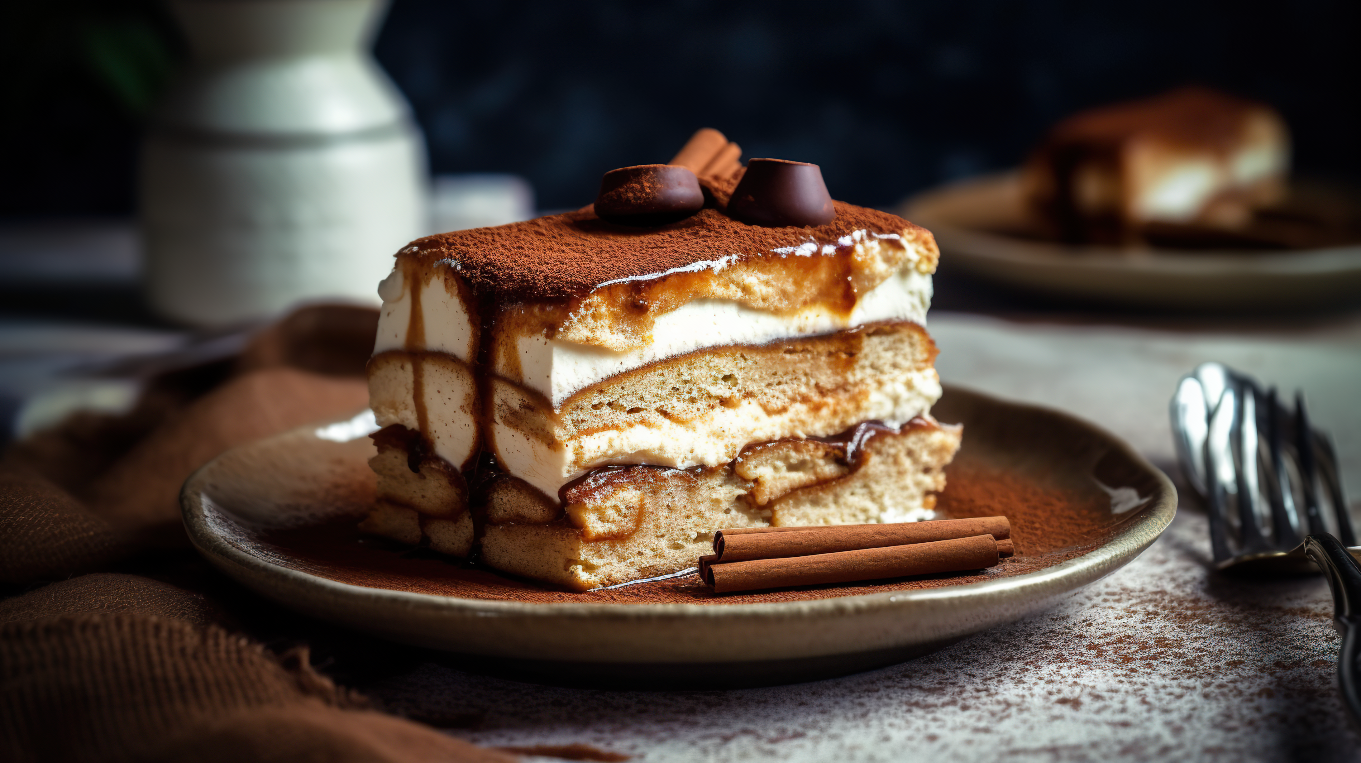 A closeup shot of a layered tiramisu cake with creamy mascarpone and dusted cocoa