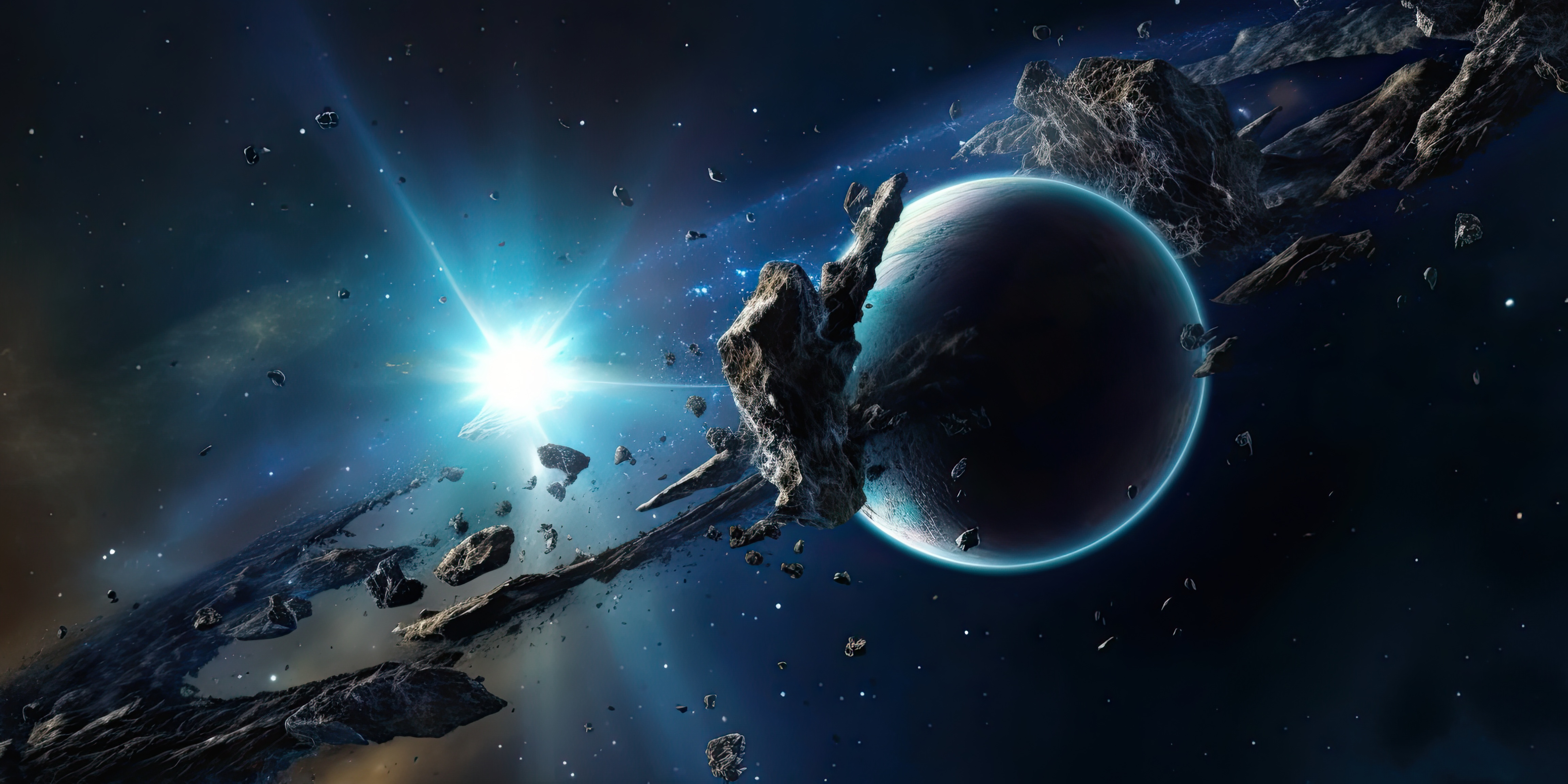 A ring of meteorites surrounding a planet in space, galaxy background