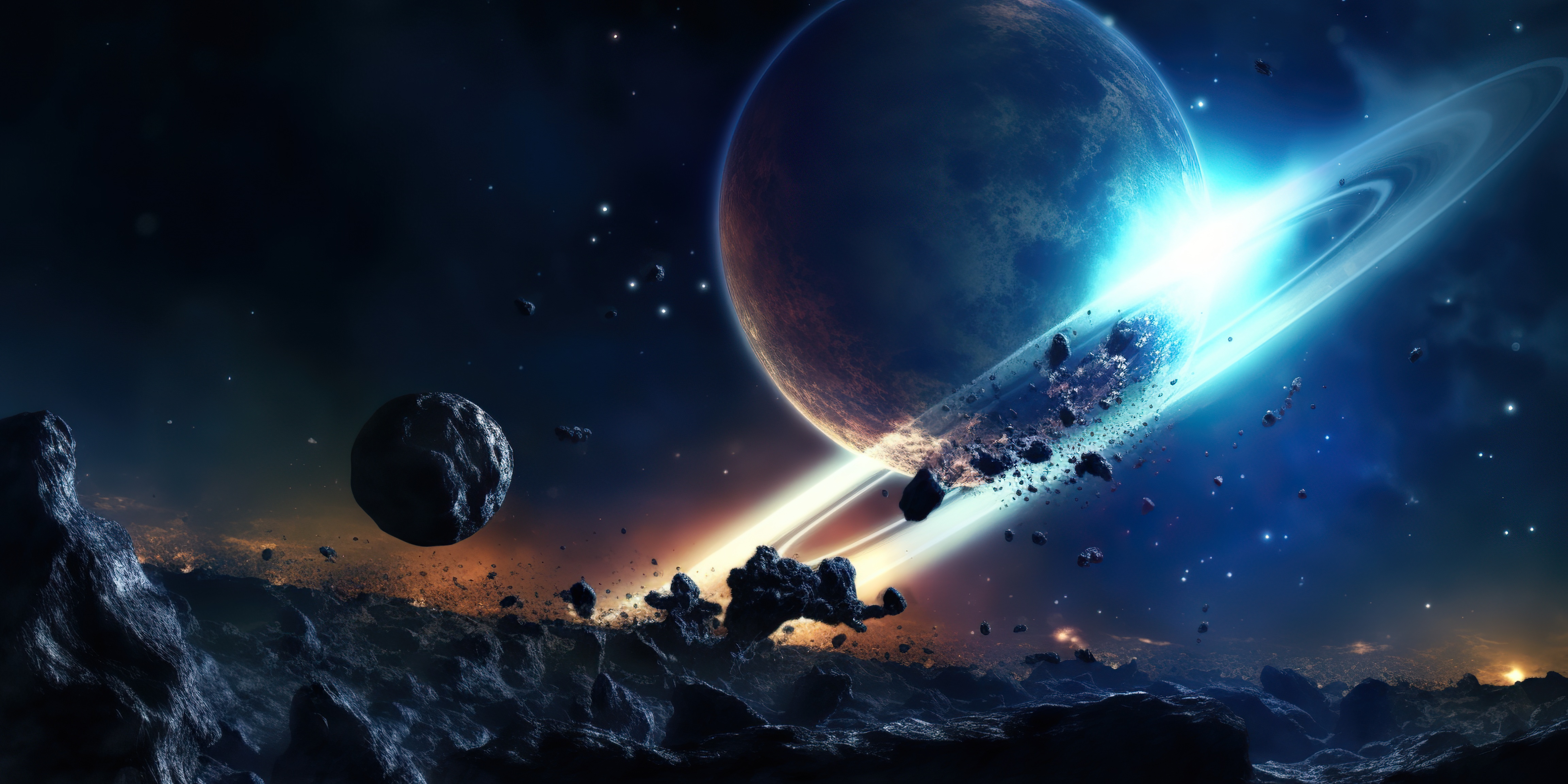 A ring of meteorites surrounding a planet in space, galaxy background