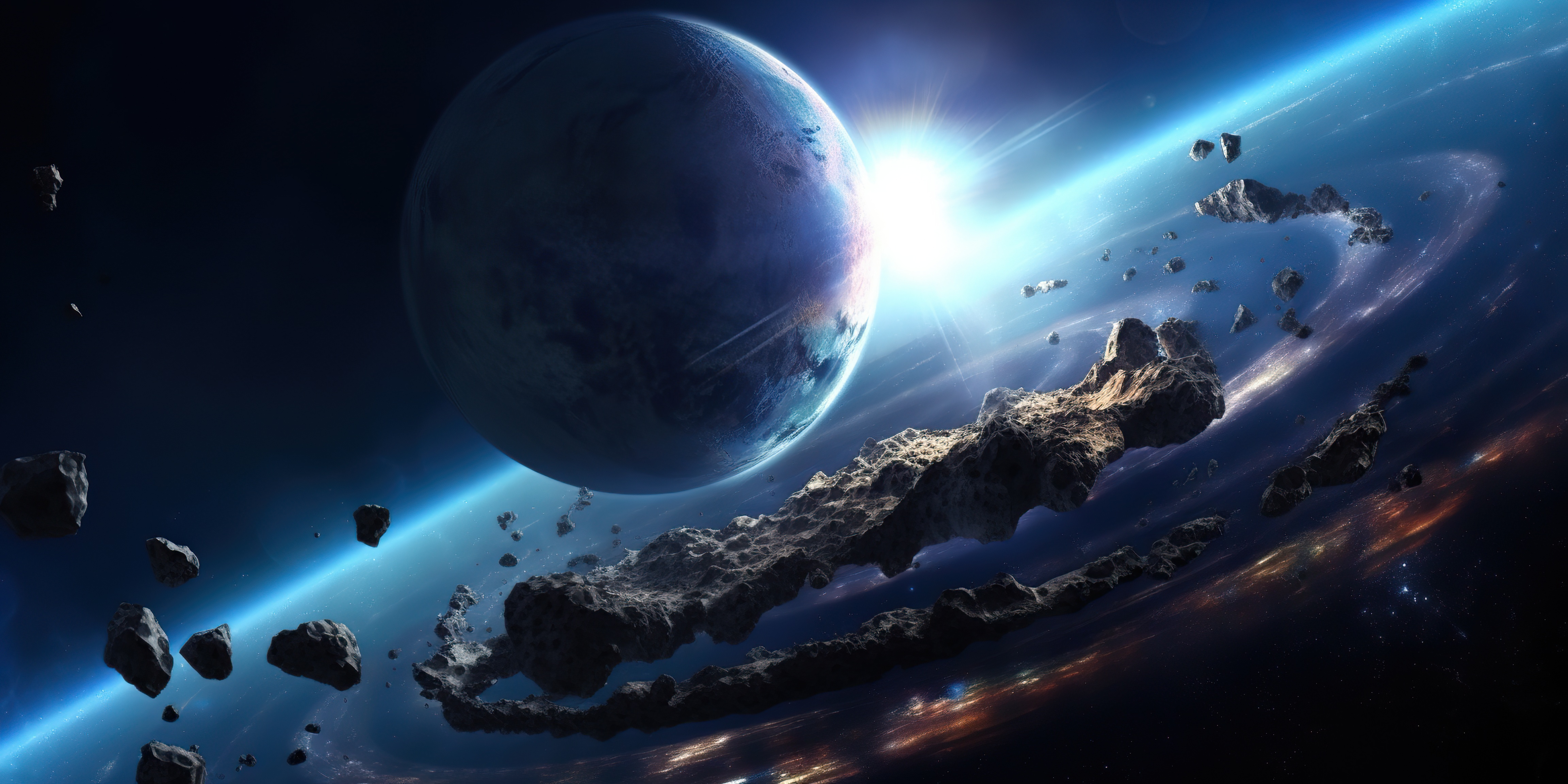 A ring of meteorites surrounding a planet in space, galaxy background
