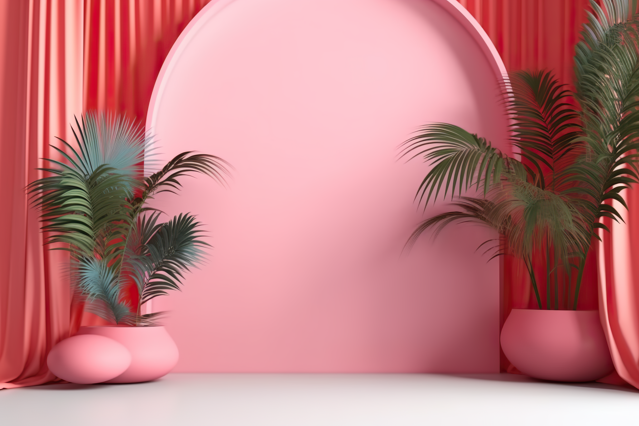 Abstract pink color gradient studio background for product presentation. Empty room with shadows of window and flowers and palm leaves
