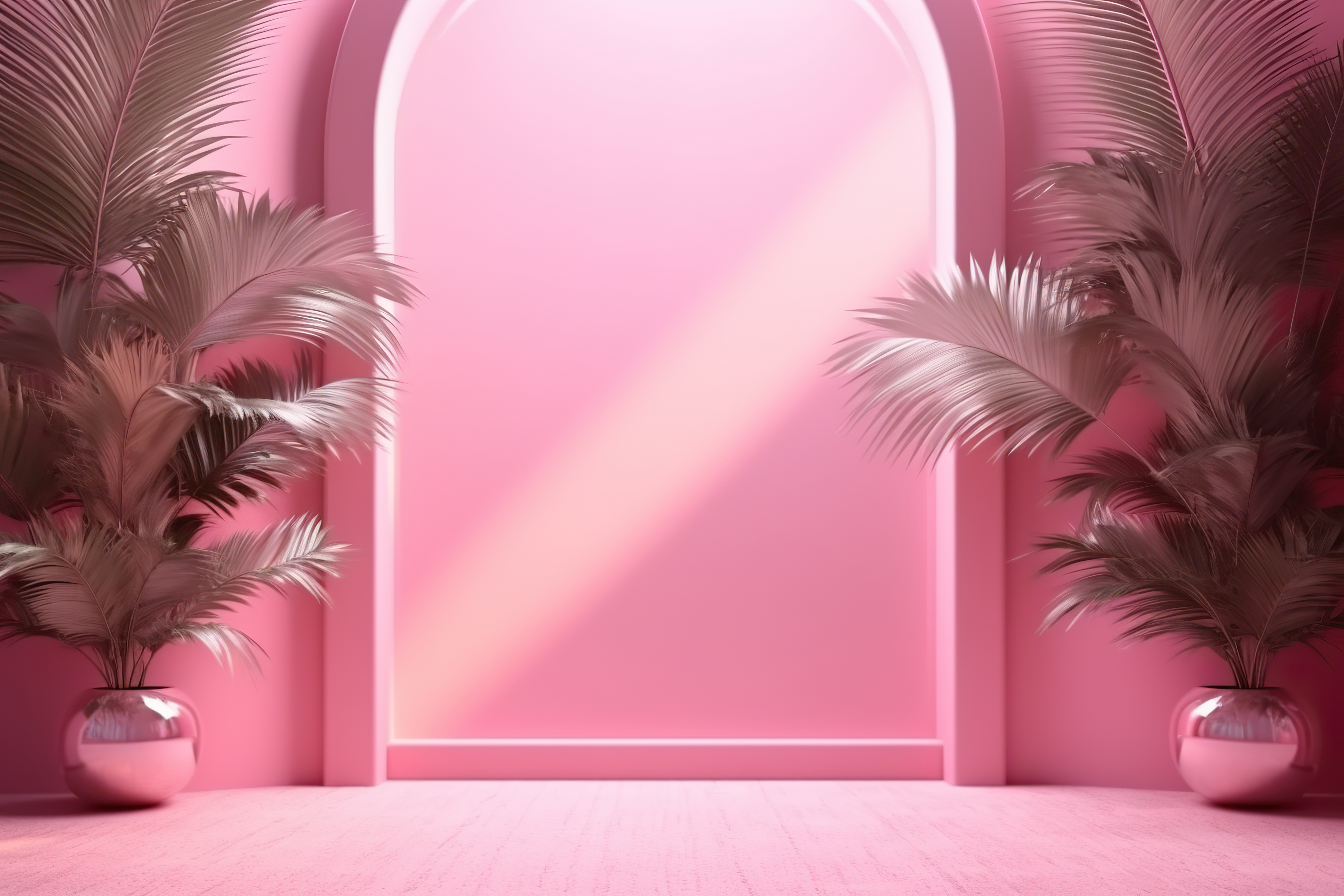 Abstract pink color gradient studio background for product presentation. Empty room with shadows of window and flowers and palm leaves