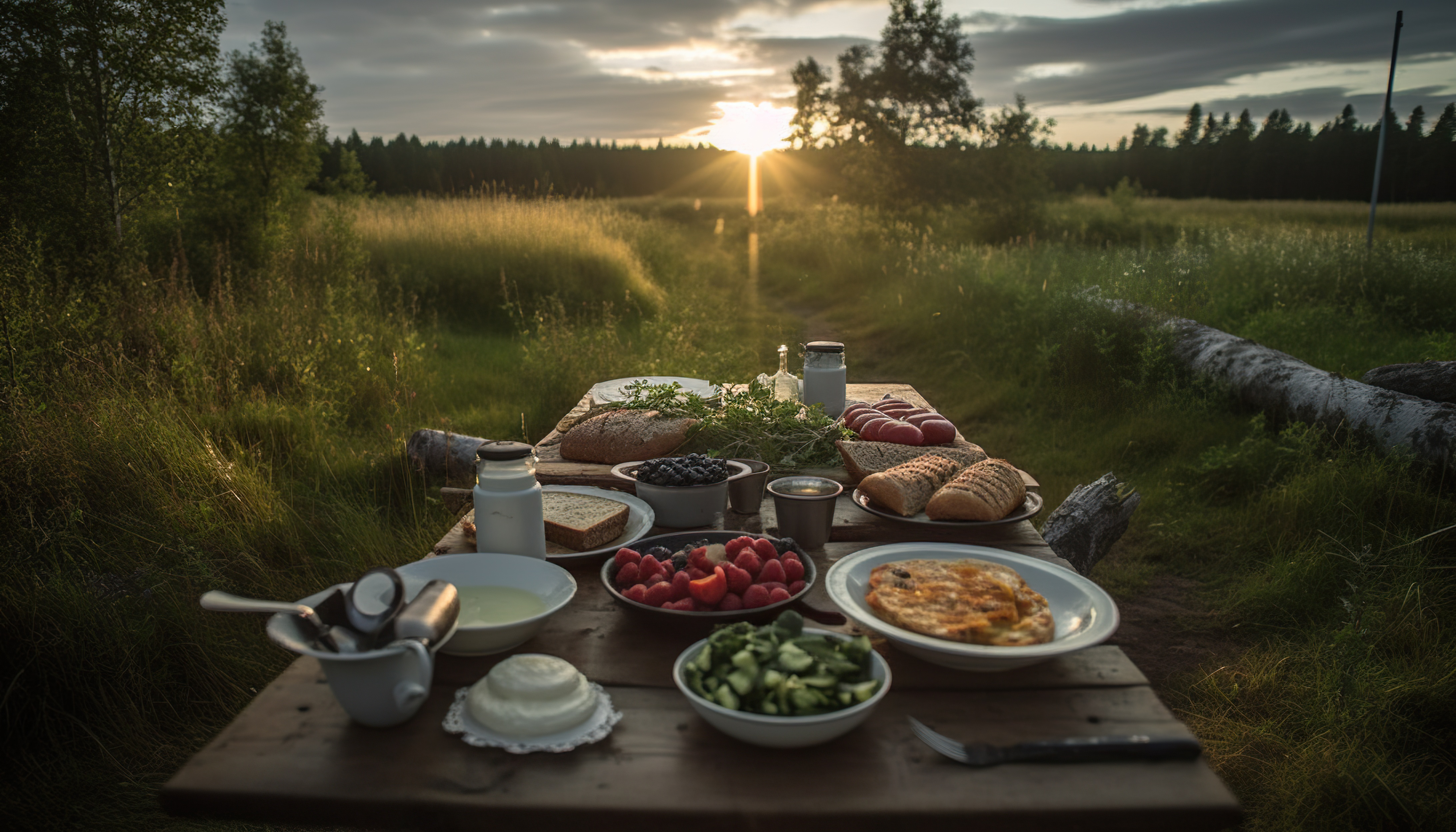 Amazing view in the morning at nature and perfect assorted breakfast,Fresh vegetable and healthy food concept