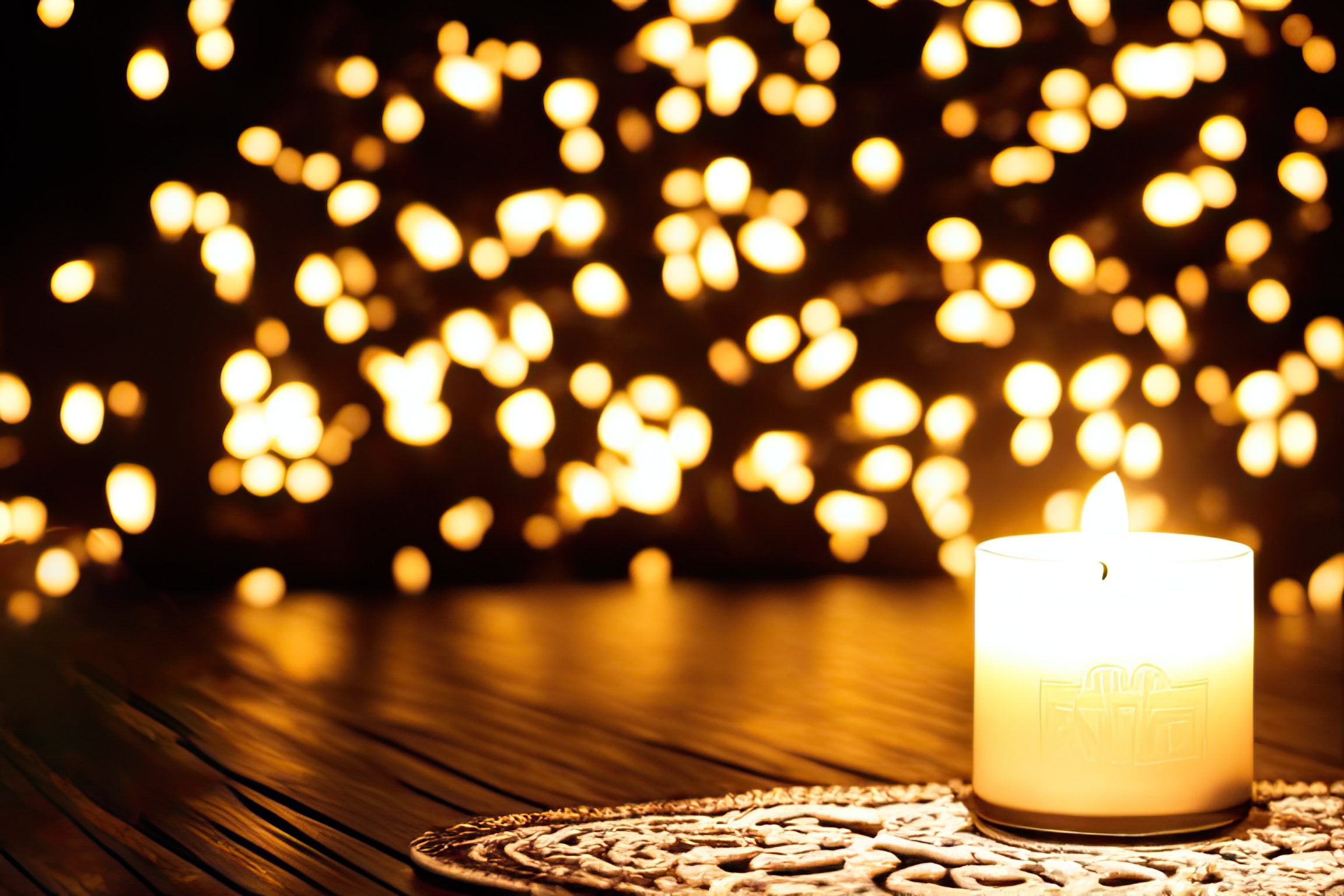A close up candle that glows in the dark against the background of the bokeh light from other candles, AI generative