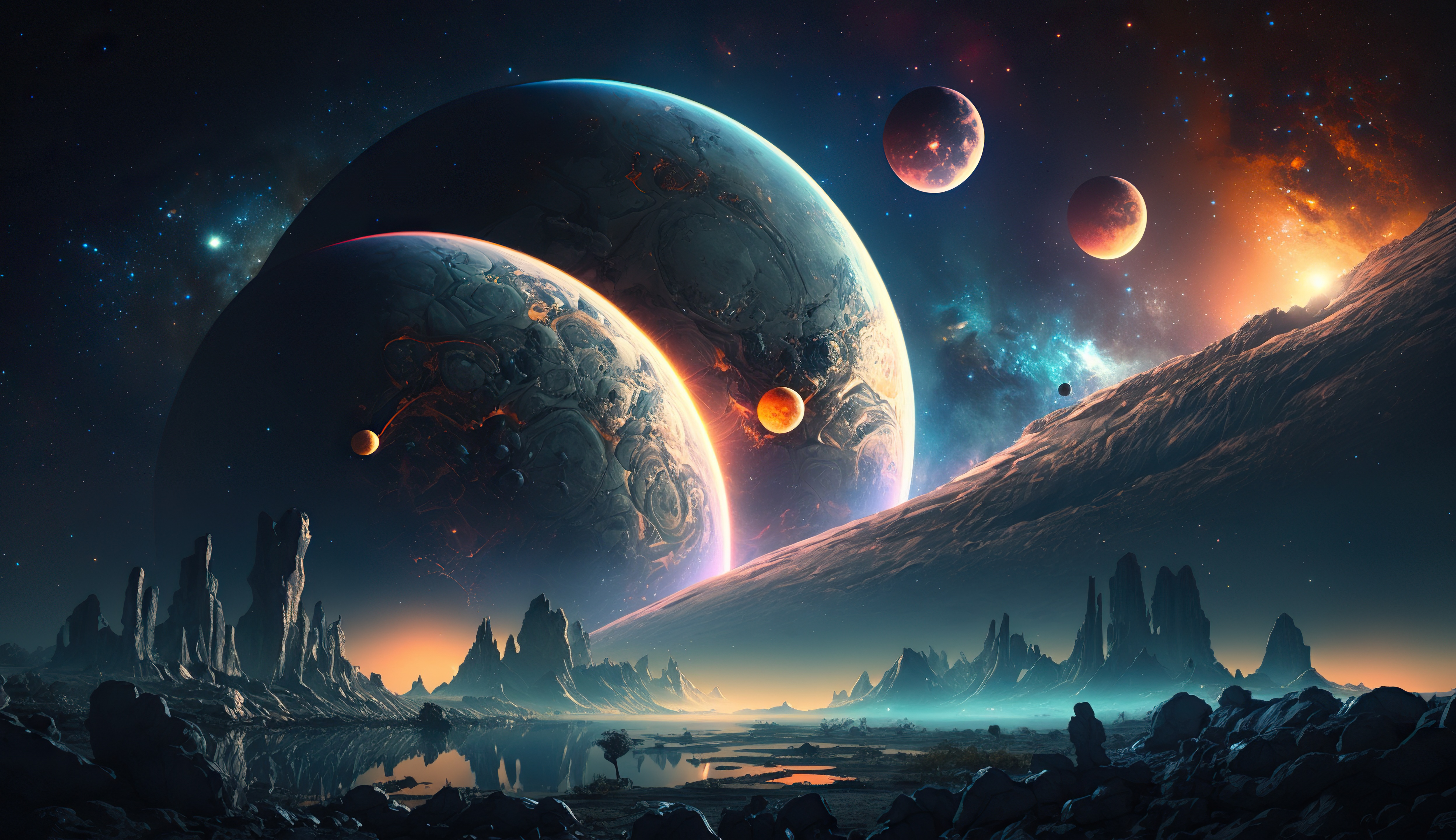 Celestial Scene with Planets, Stars and Galaxy