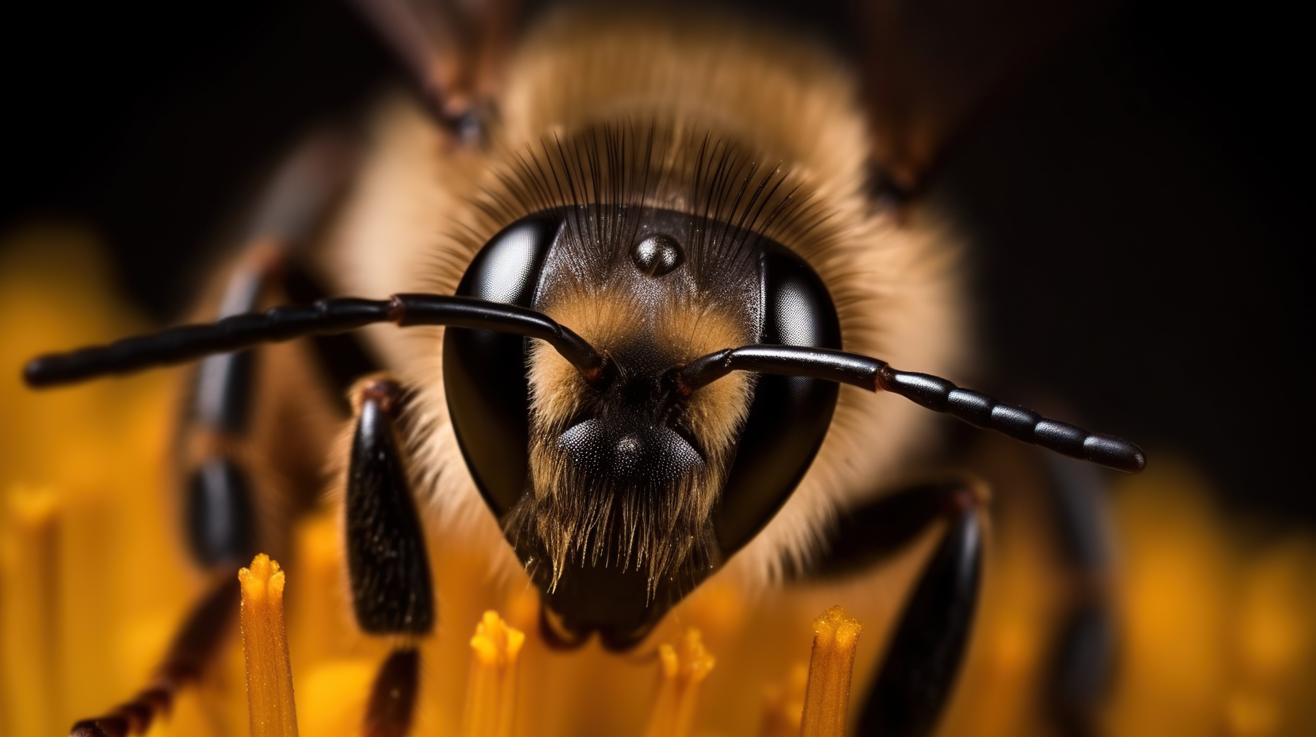 Close-up shot head of a honey bee sitting on the yellow flower