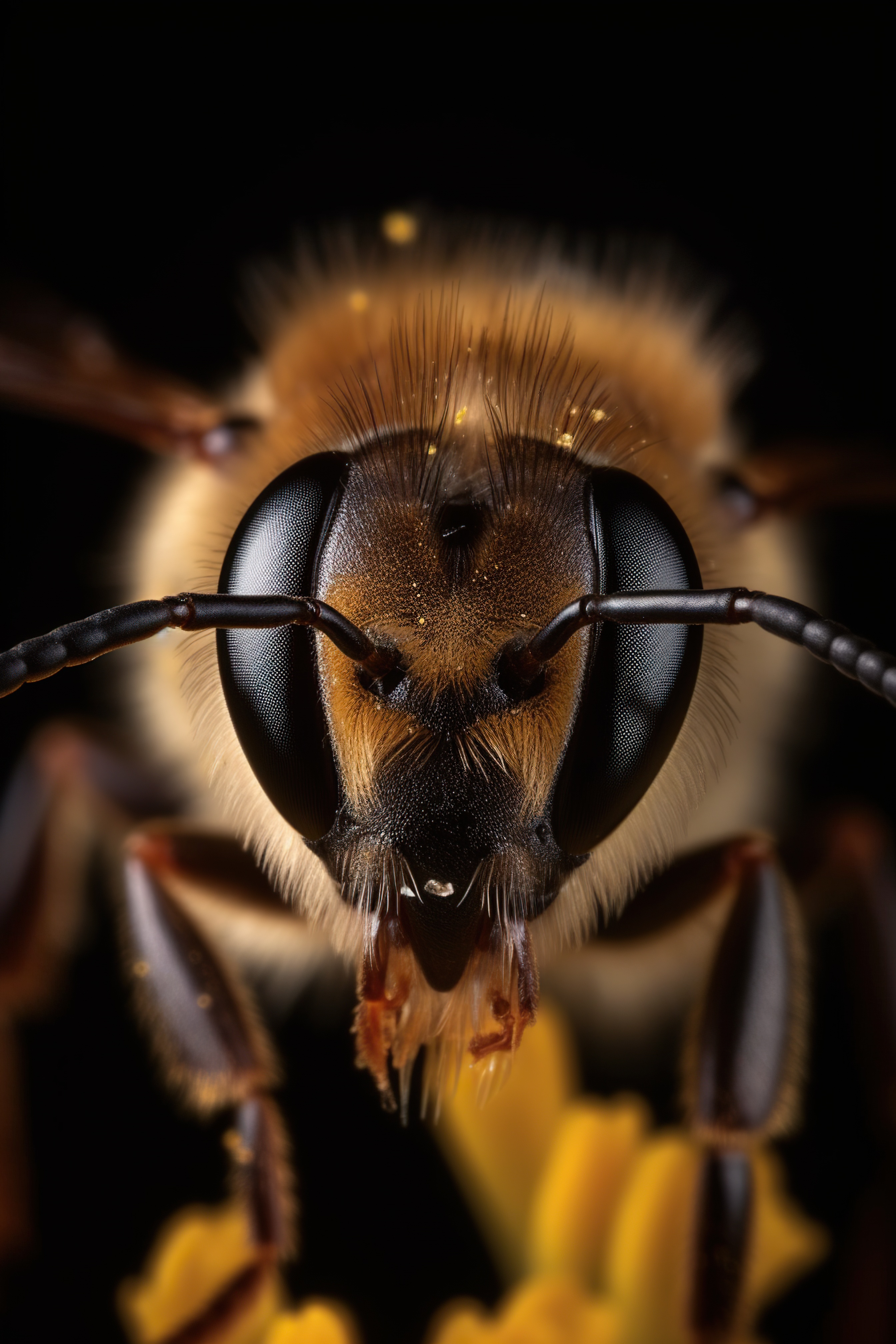 Close-up shot head of a honey bee sitting on the yellow flower