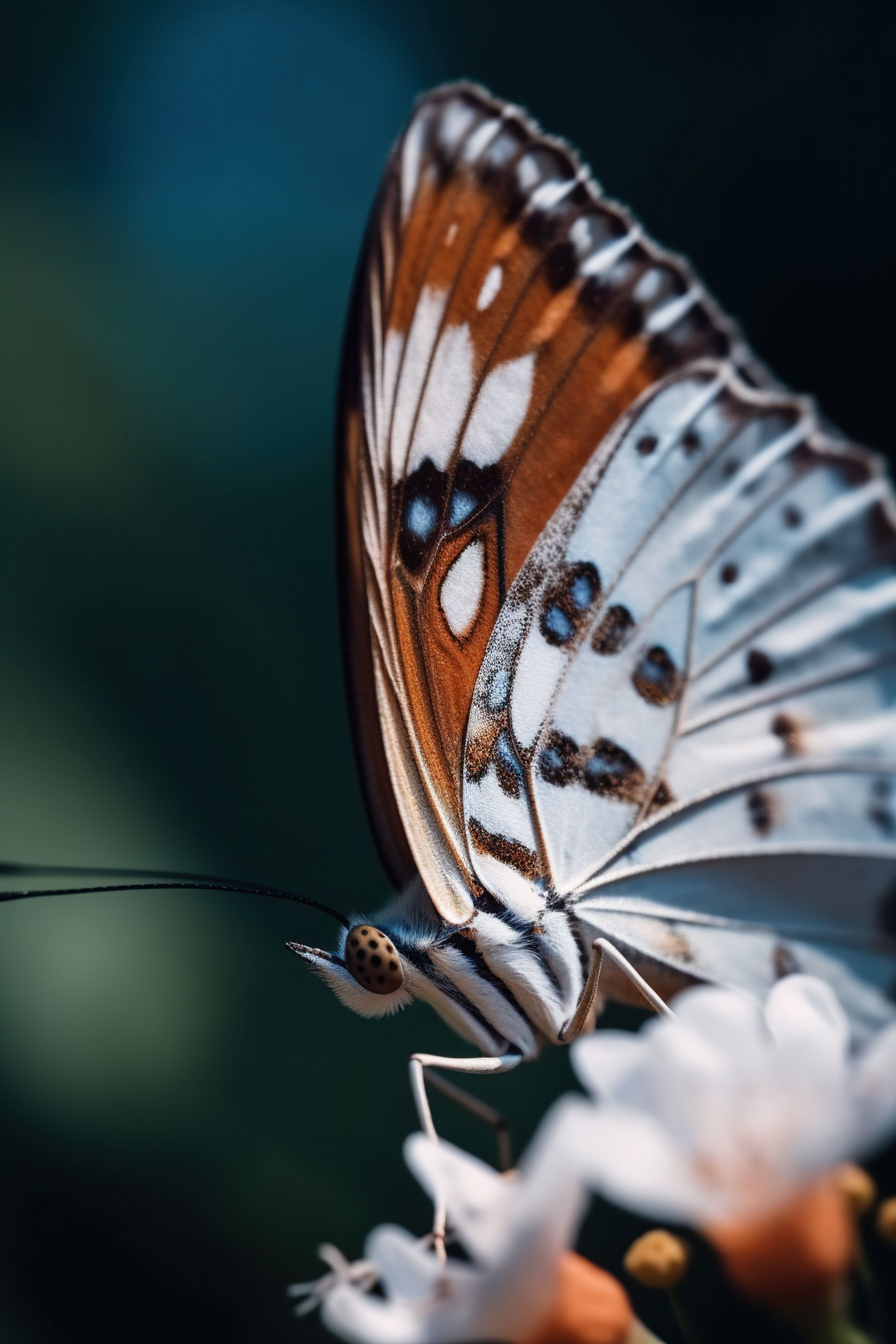 Close-up shot of a beautiful black butterfly sitting on a white flower