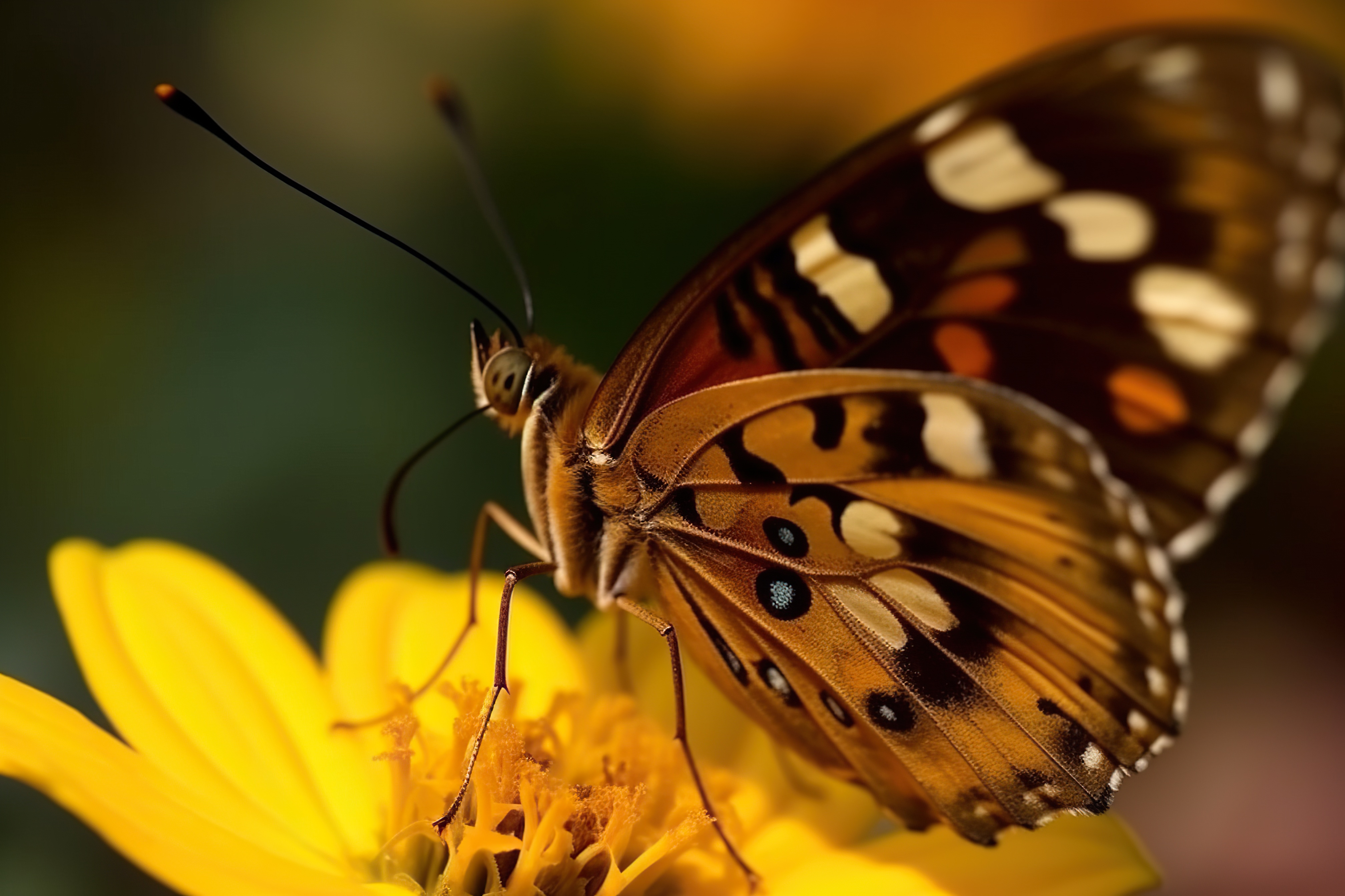 Close-up shot of a beautiful butterfly sitting on a yellow flower