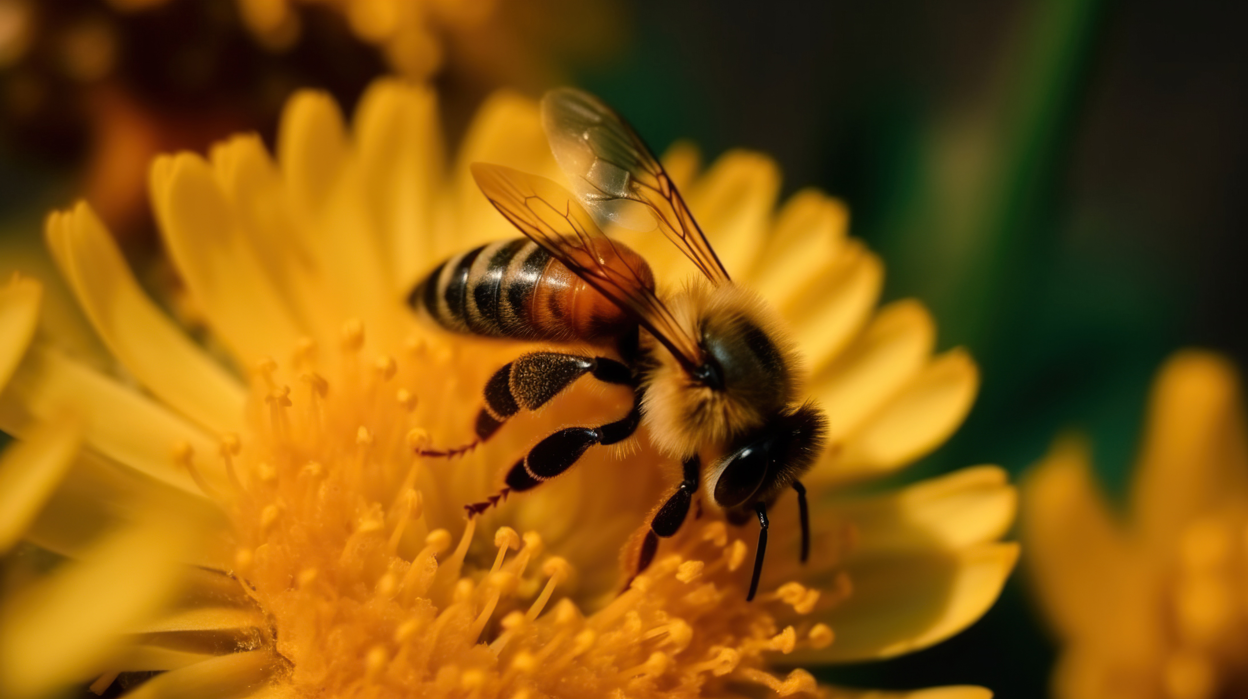 Close-up shot of a honey bee sitting on the yellow flower