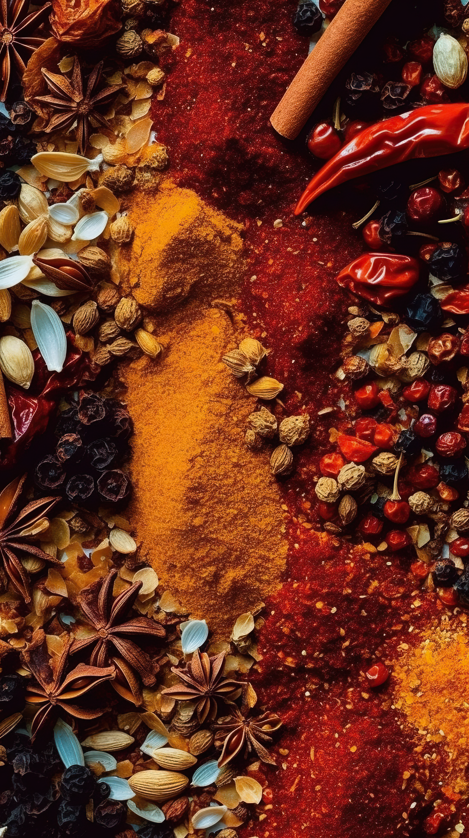 Closeup shot of spices and herbs on a black background