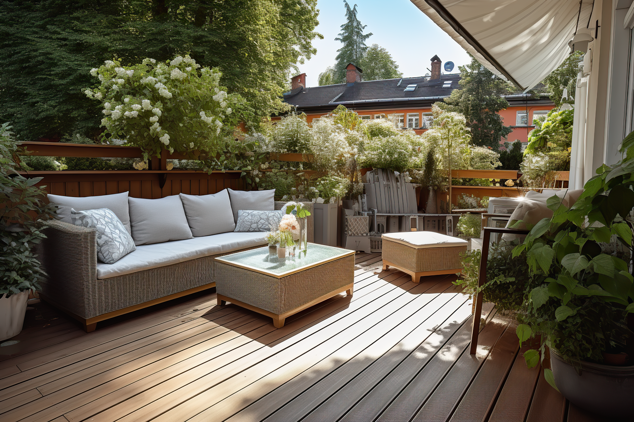 Cozy and modernly furnished terrace with a warm wooden floor