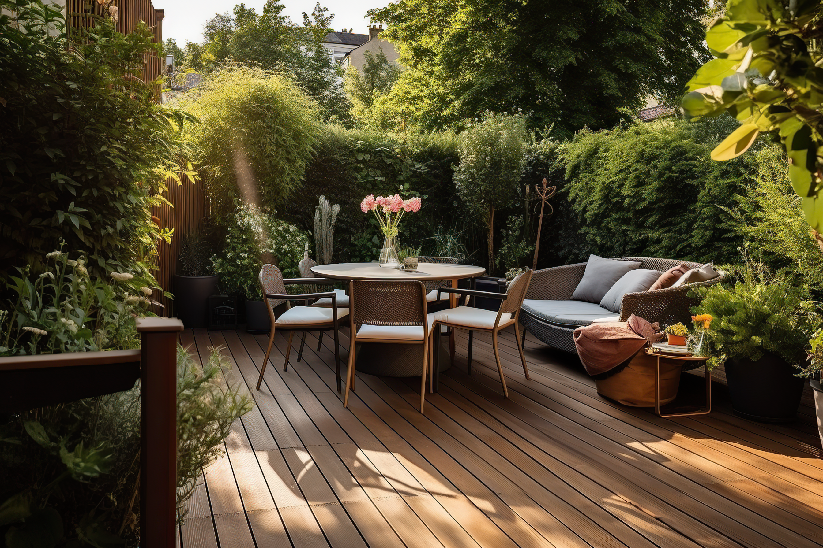 Cozy and modernly furnished terrace with a warm wooden floor
