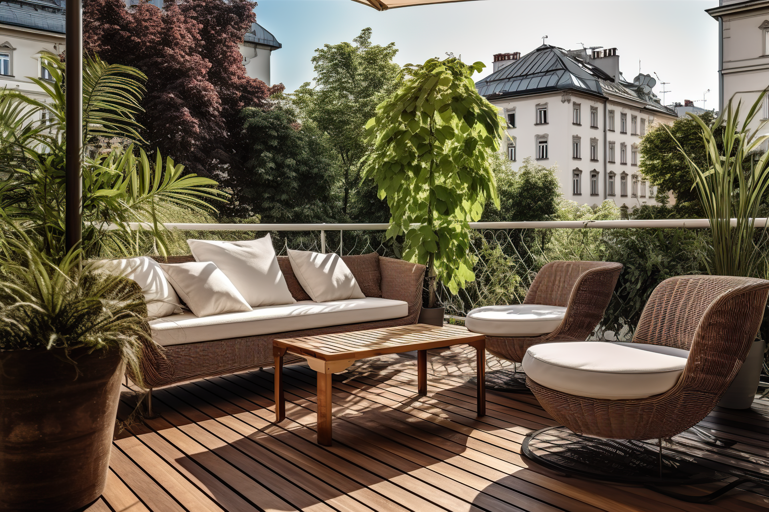 Cozy and modernly furnished terrace with a warm wooden floor