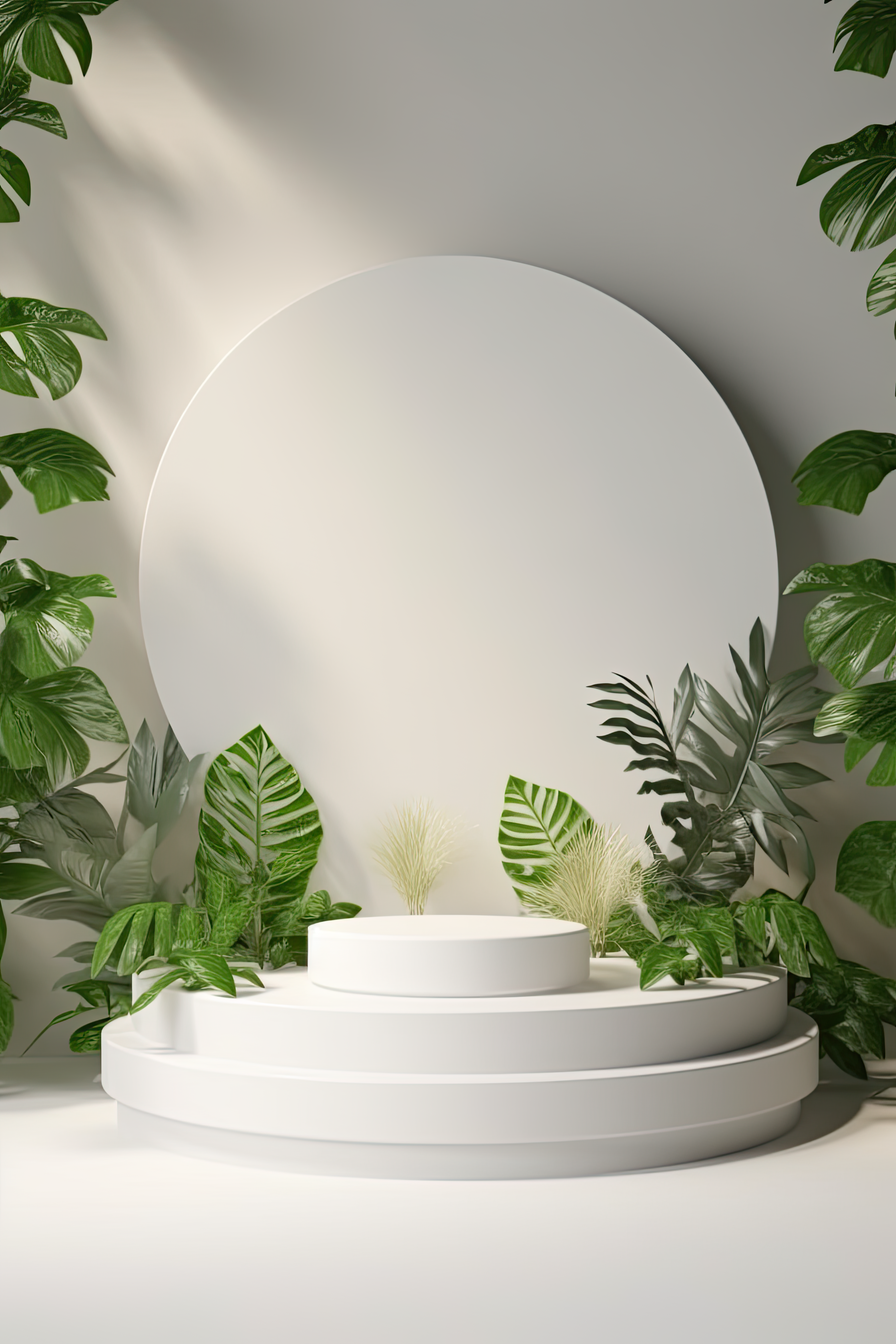 Empty round podium and green leaves on light grey background. Pedestal and fresh natural branches for advertising