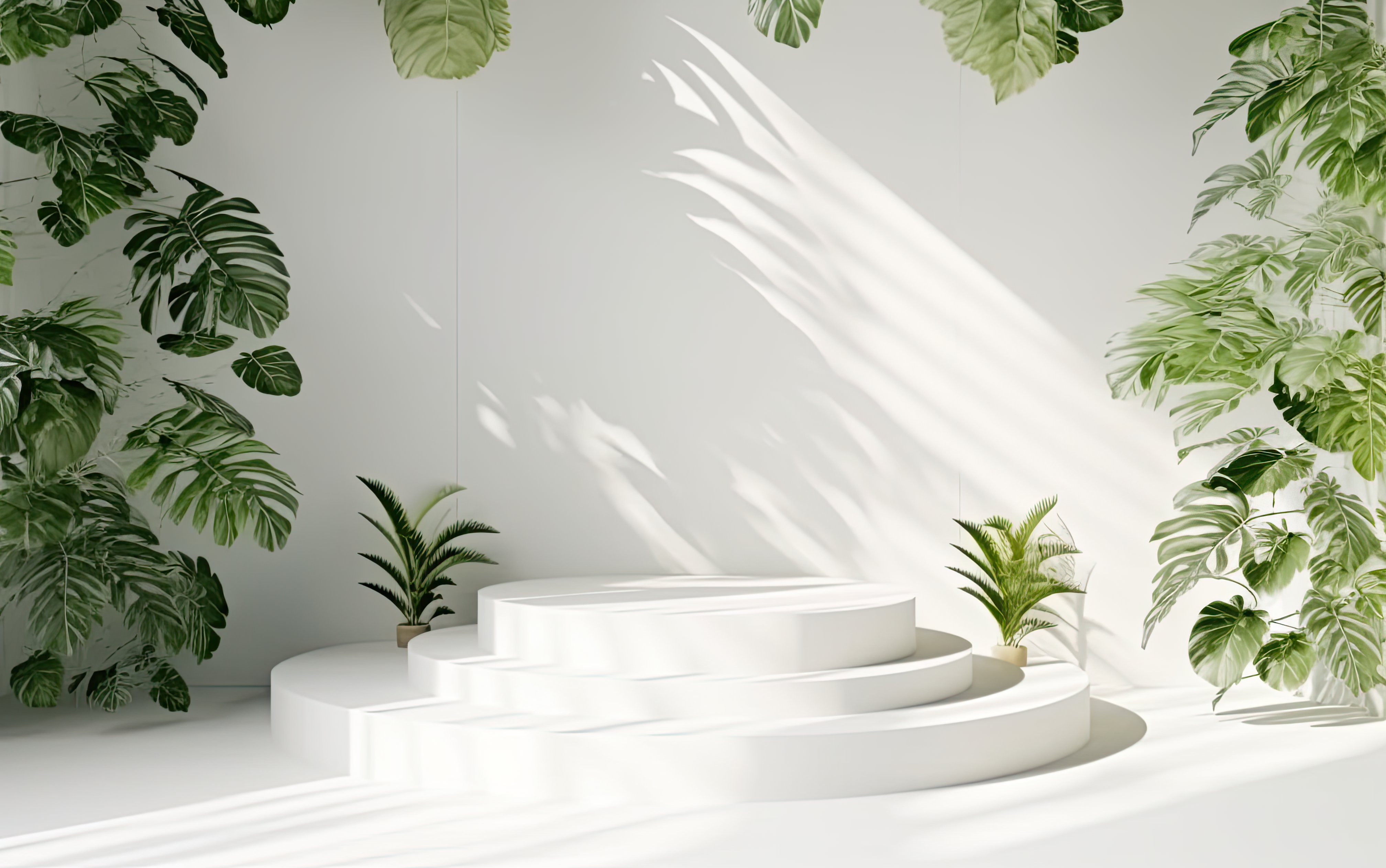Empty round podium and green leaves on light grey background. Pedestal and fresh natural branches for advertising
