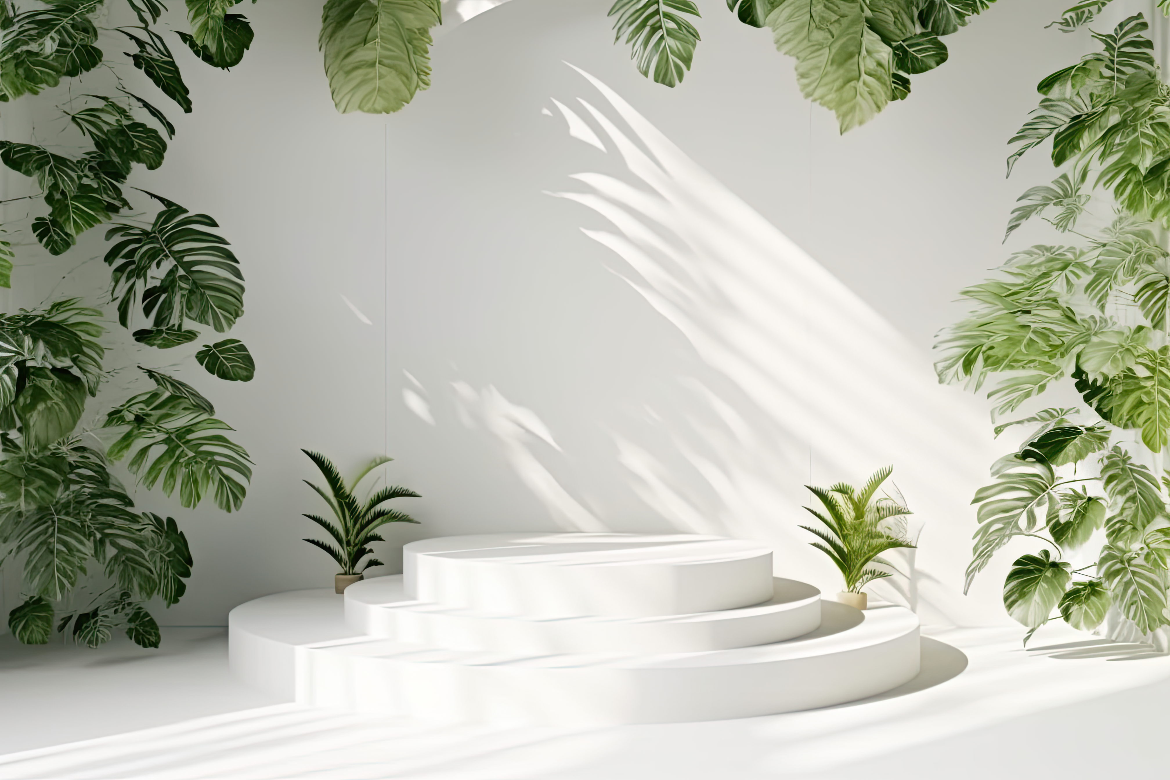 Empty round podium and green leaves on light grey background. Pedestal and fresh natural branches for advertising