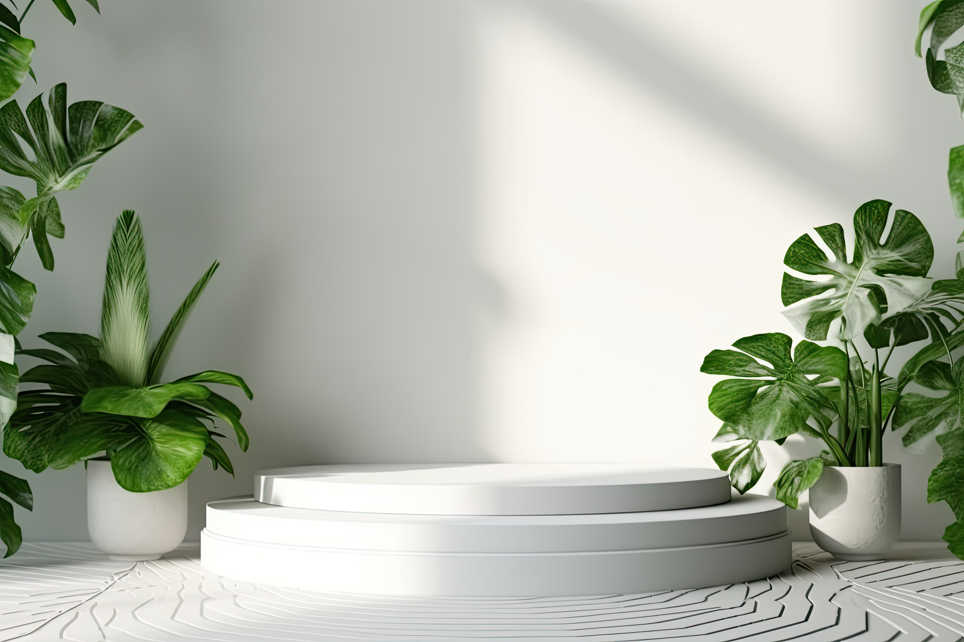 Empty round podium and green leaves on light grey background. Pedestal and fresh natural branches for advertising