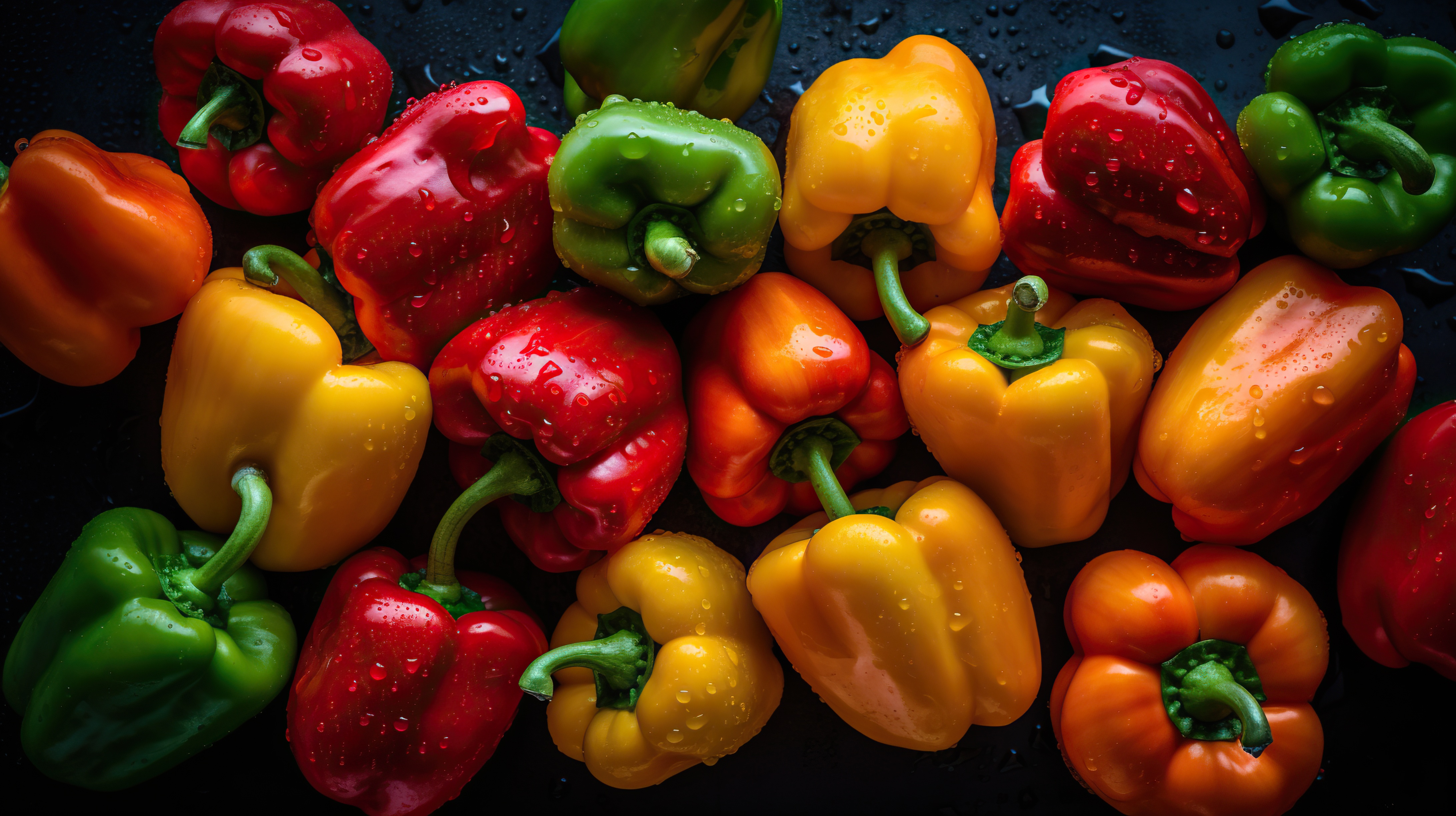 Fresh Red Green and Yellow Bell Peppers with Water Droplets on Dark Background