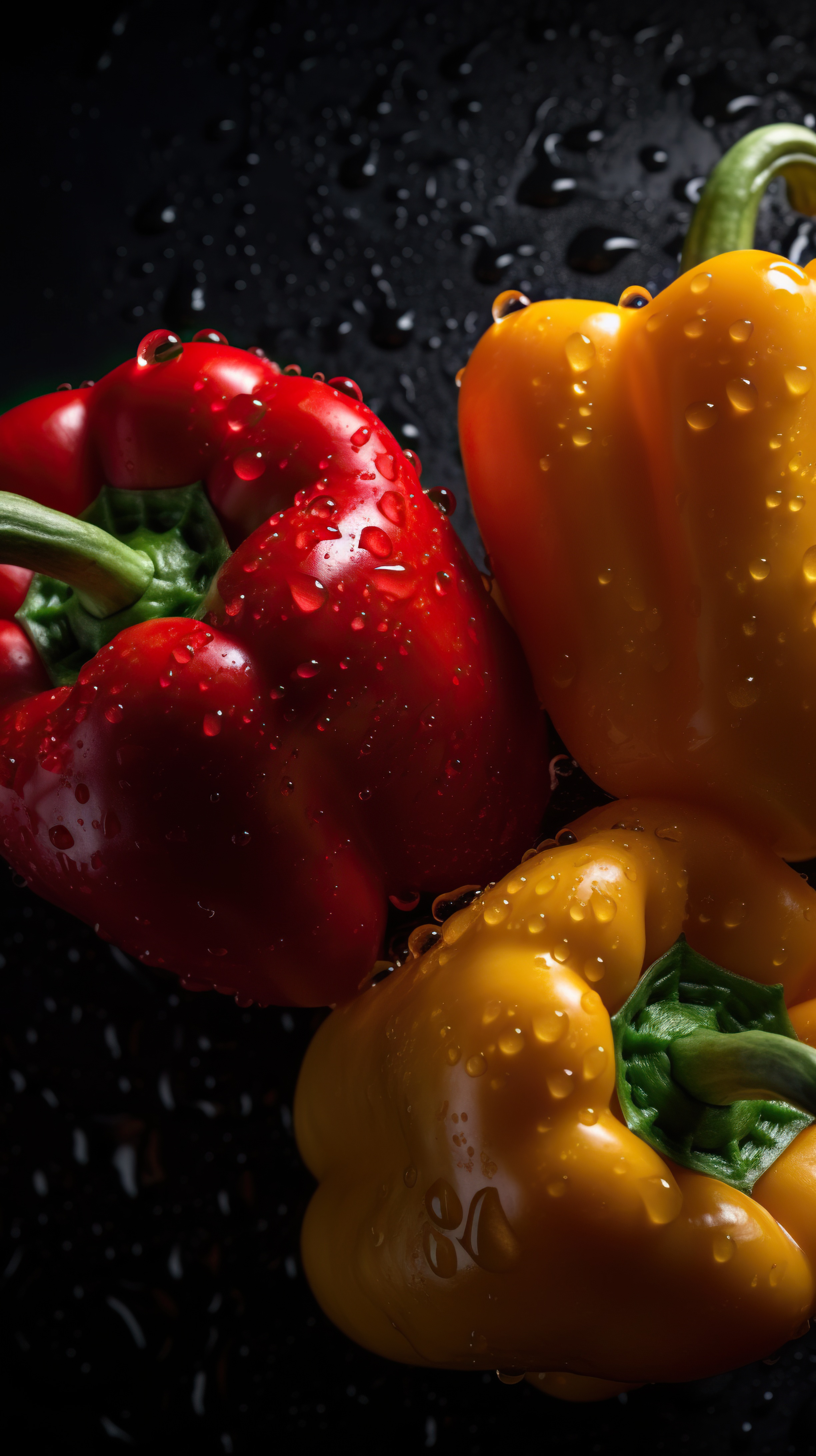 Fresh Red and Yellow Bell Peppers with Water Droplets on Dark Background