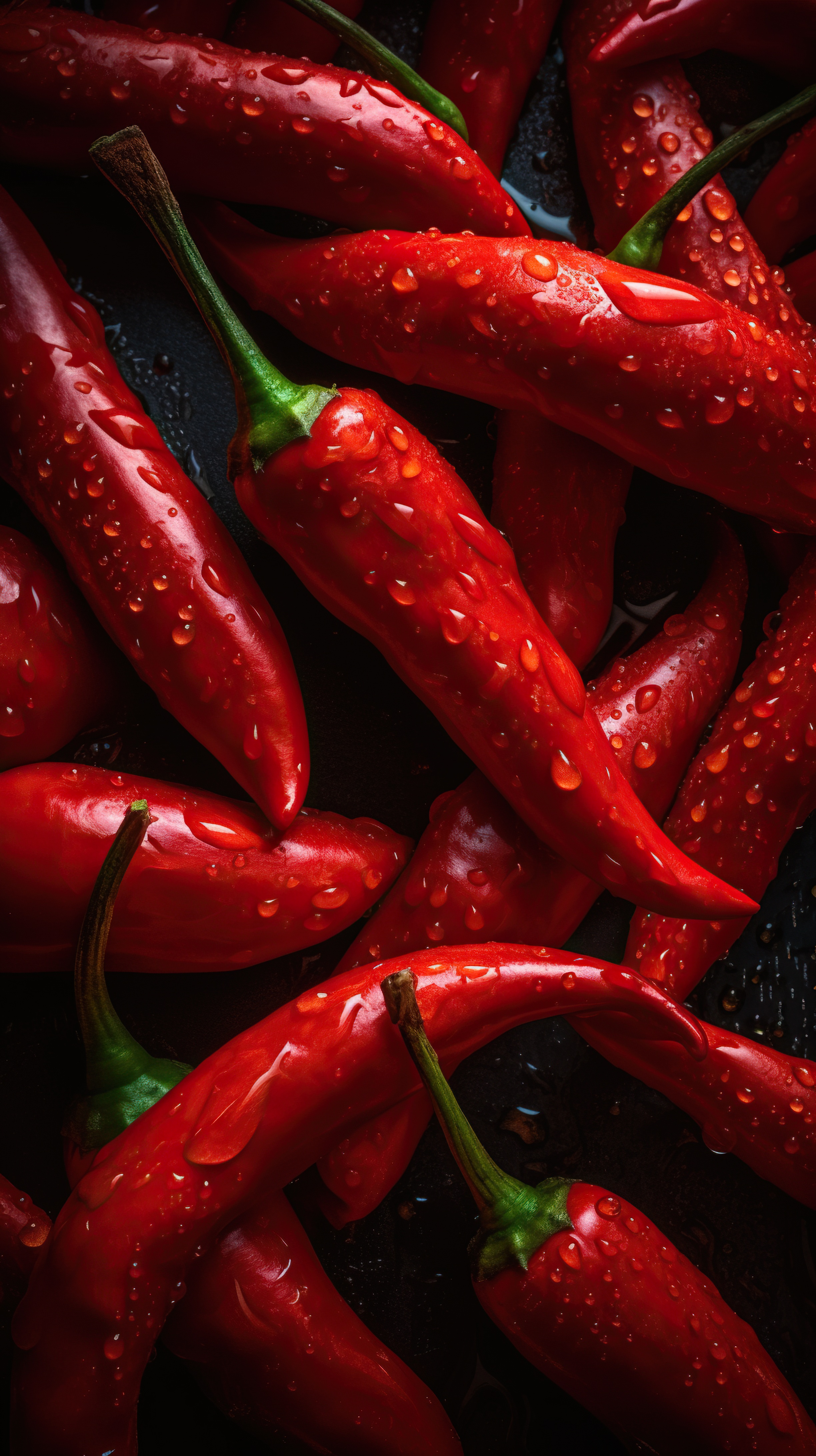 Fresh chili peppers with droplets on dark background