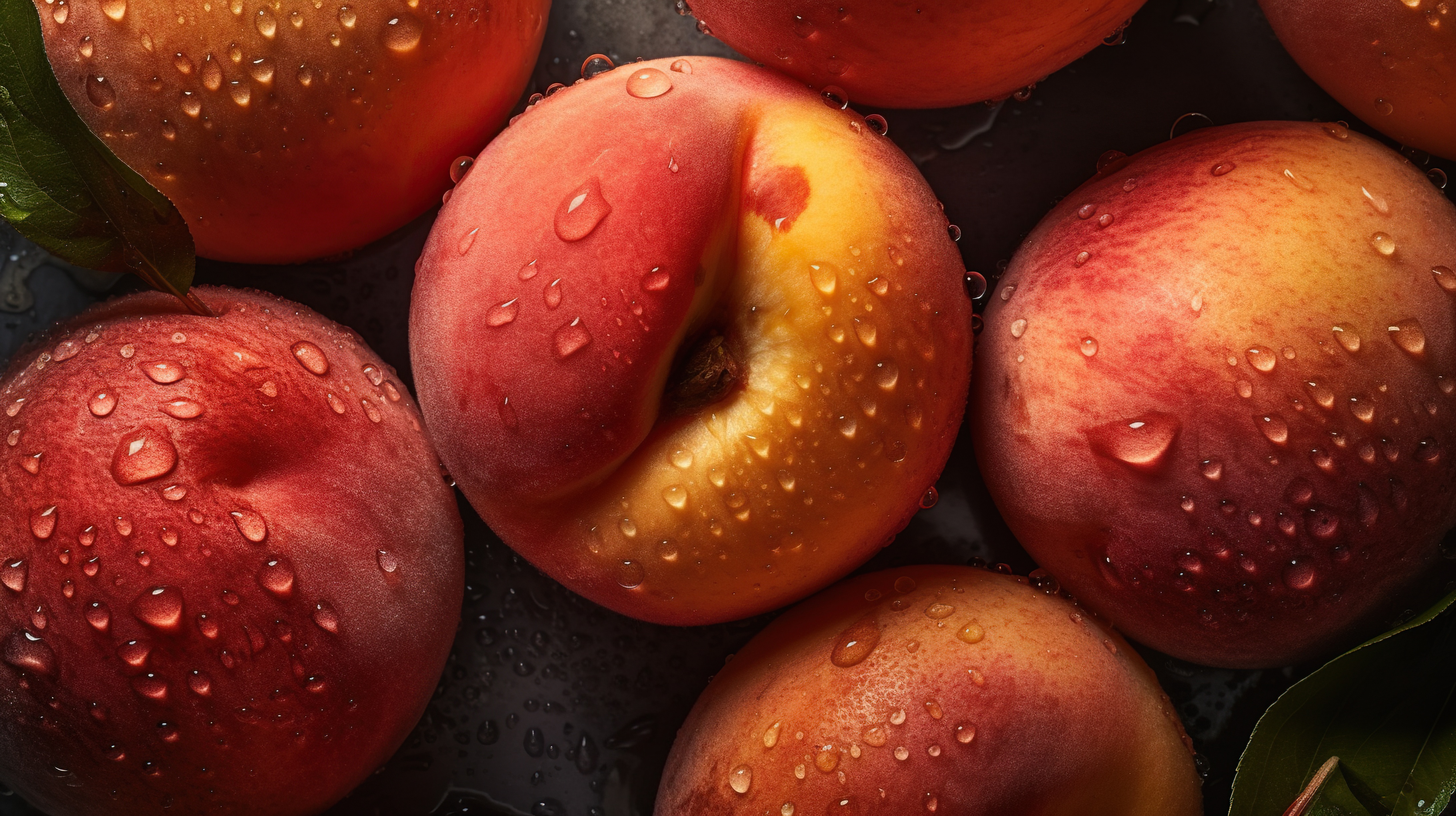 Fresh peaches with water droplets on dark background
