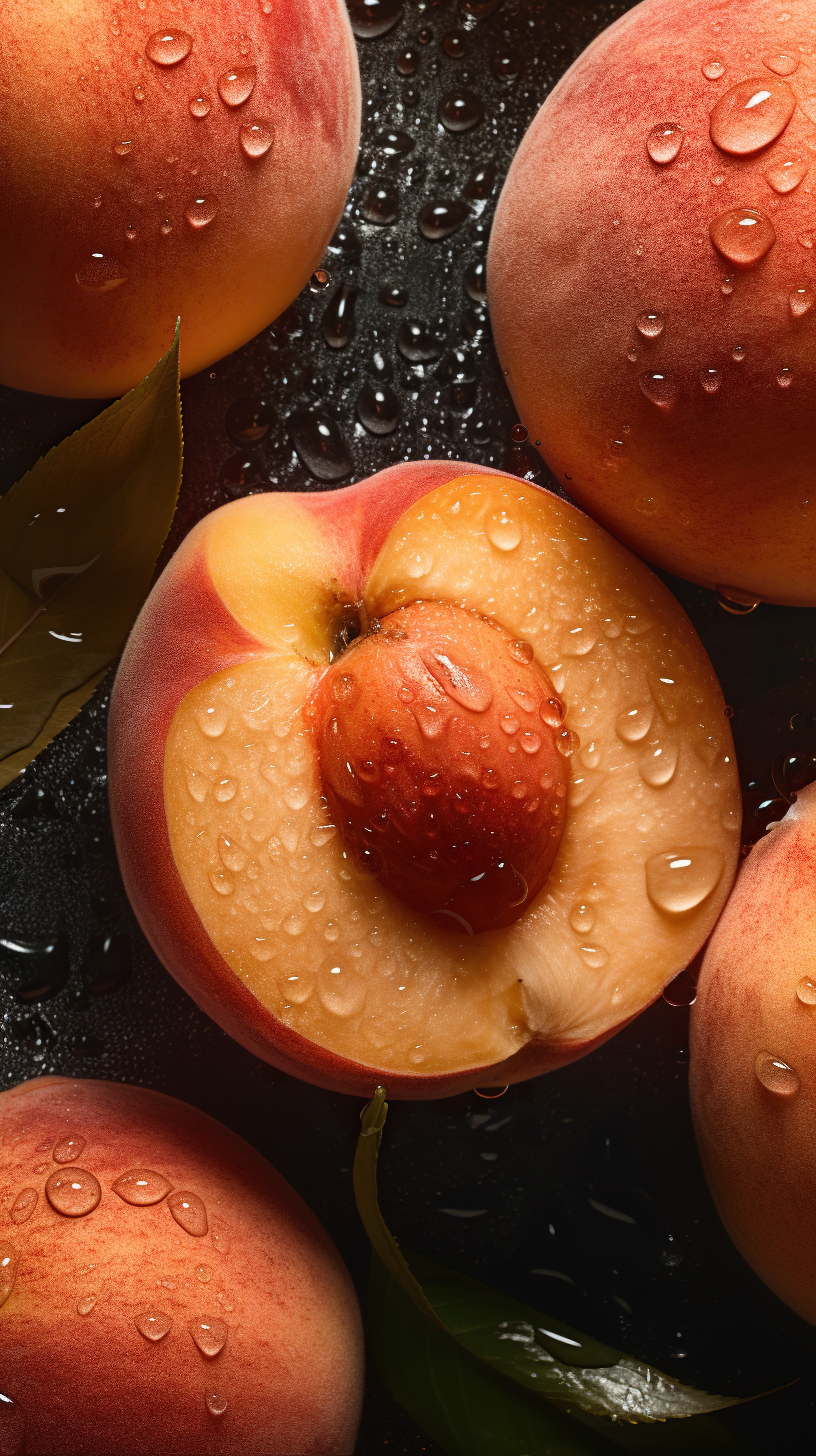 Fresh peaches with water droplets on dark background