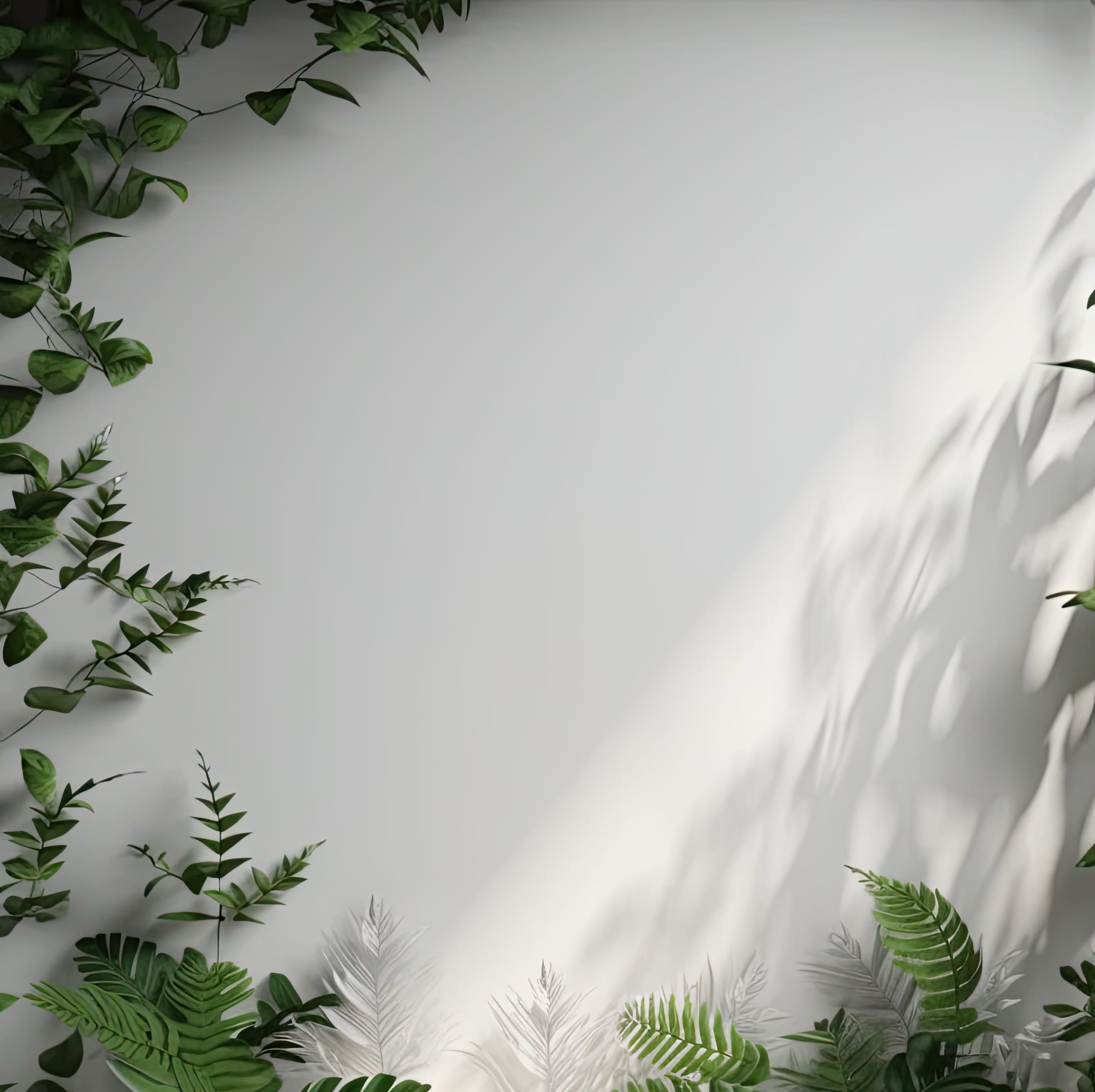 Green leaves on light grey background. Pedestal and fresh natural branches for advertising