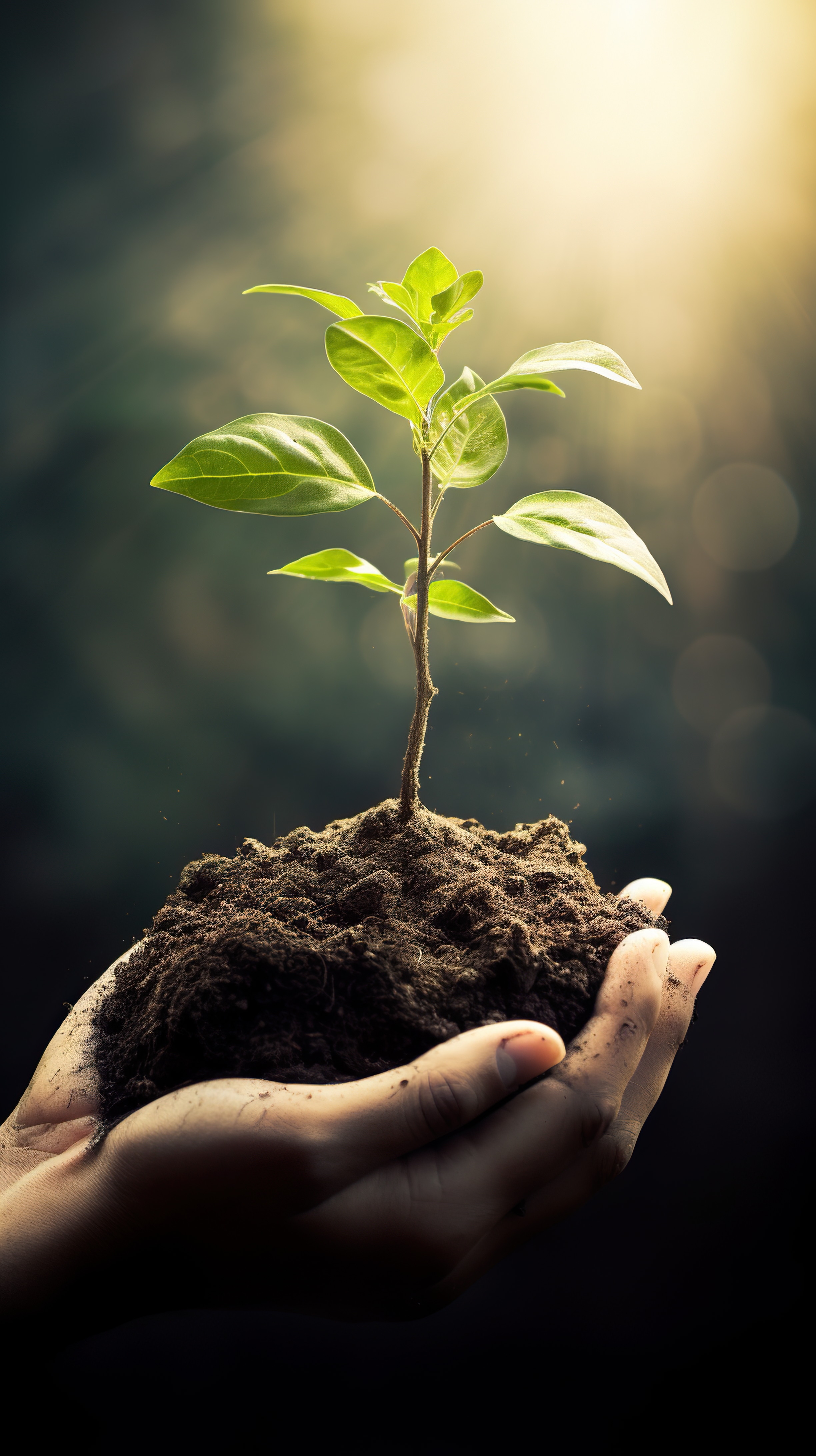 Hands holding plant in soil