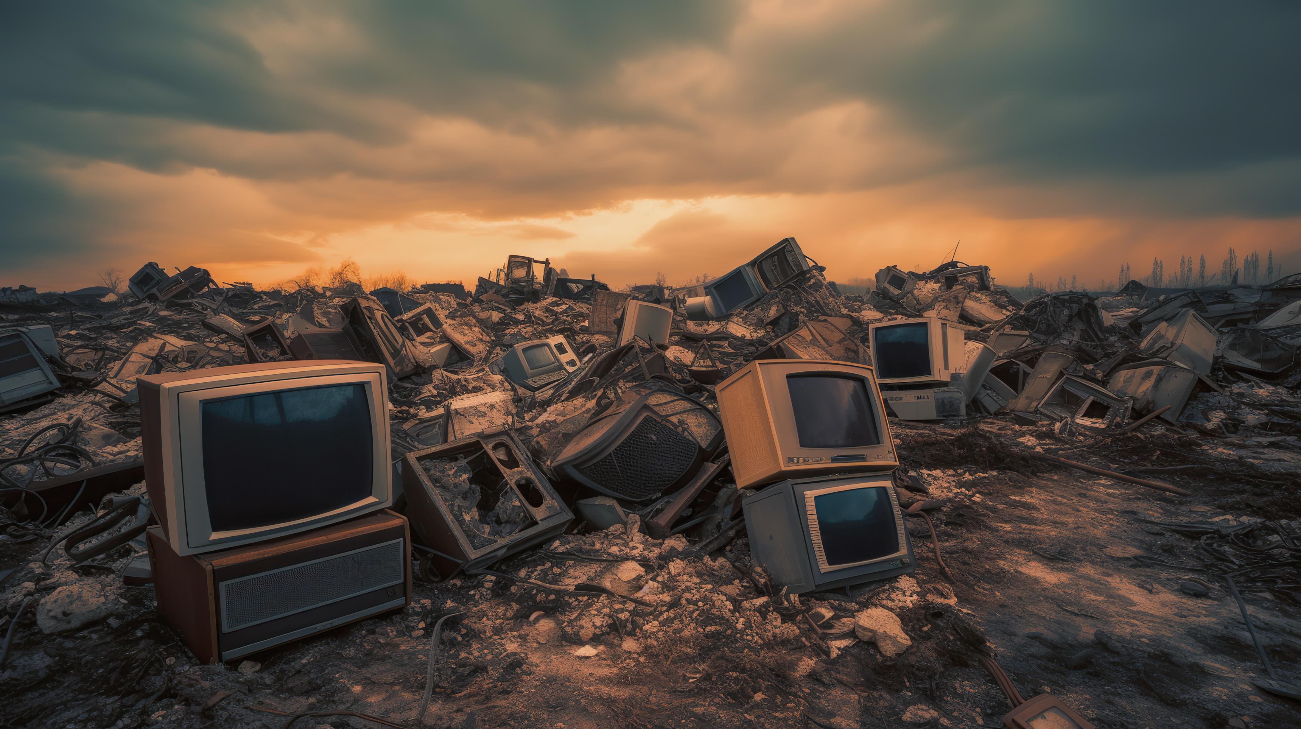 Landfill with old, rusted and broken televisions and apocalyptic background