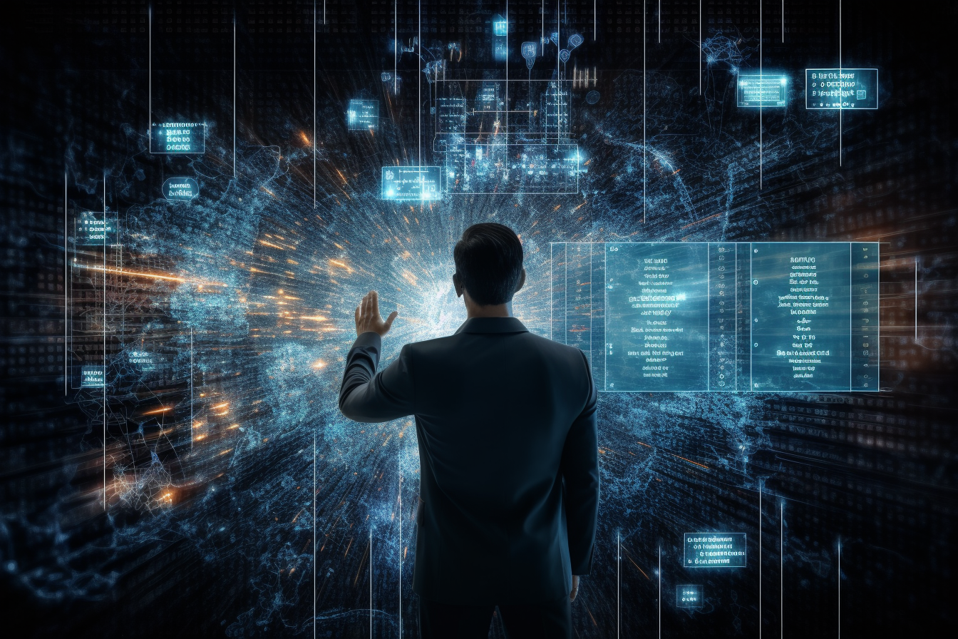 Person with futuristic technology, artificial intelligence, data science information