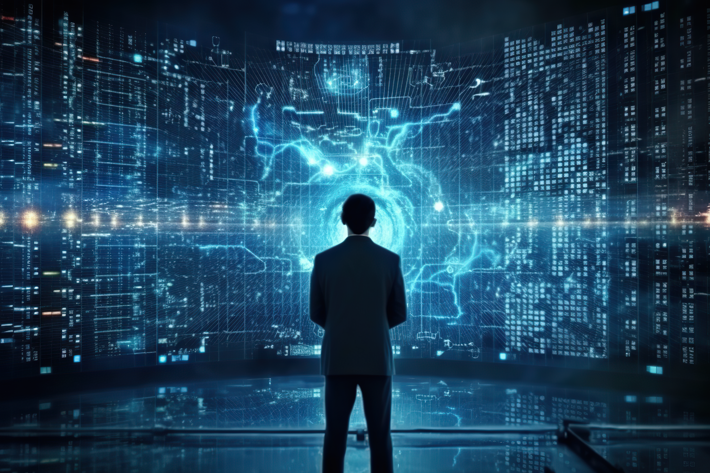 Person with futuristic technology, artificial intelligence, data science information