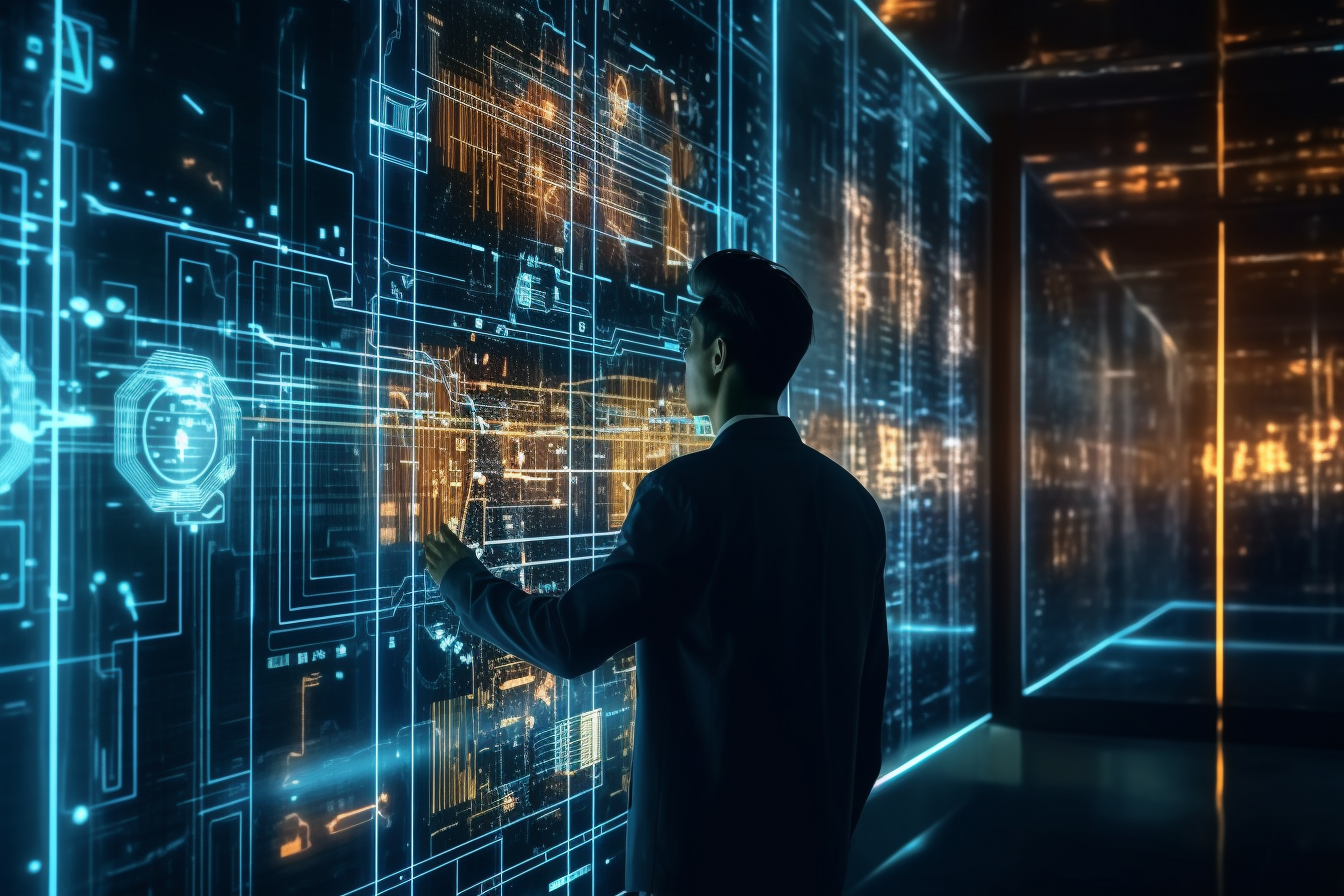 Person with futuristic technology, artificial intelligence, data science information